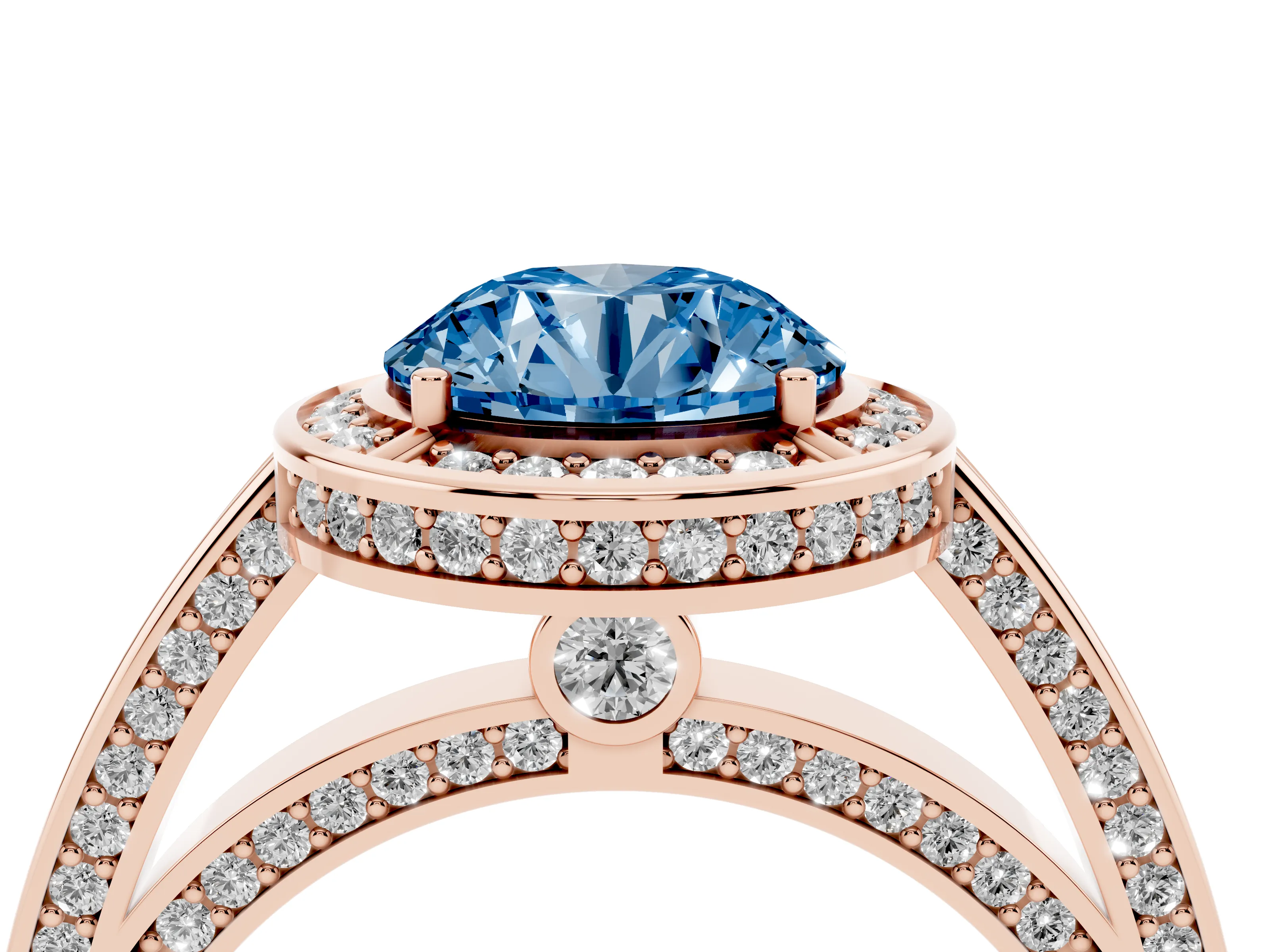 Fancy Blue Round Cut Diamond Halo Pavé Split Shank Ring Set in Rose gold with Prong Setting