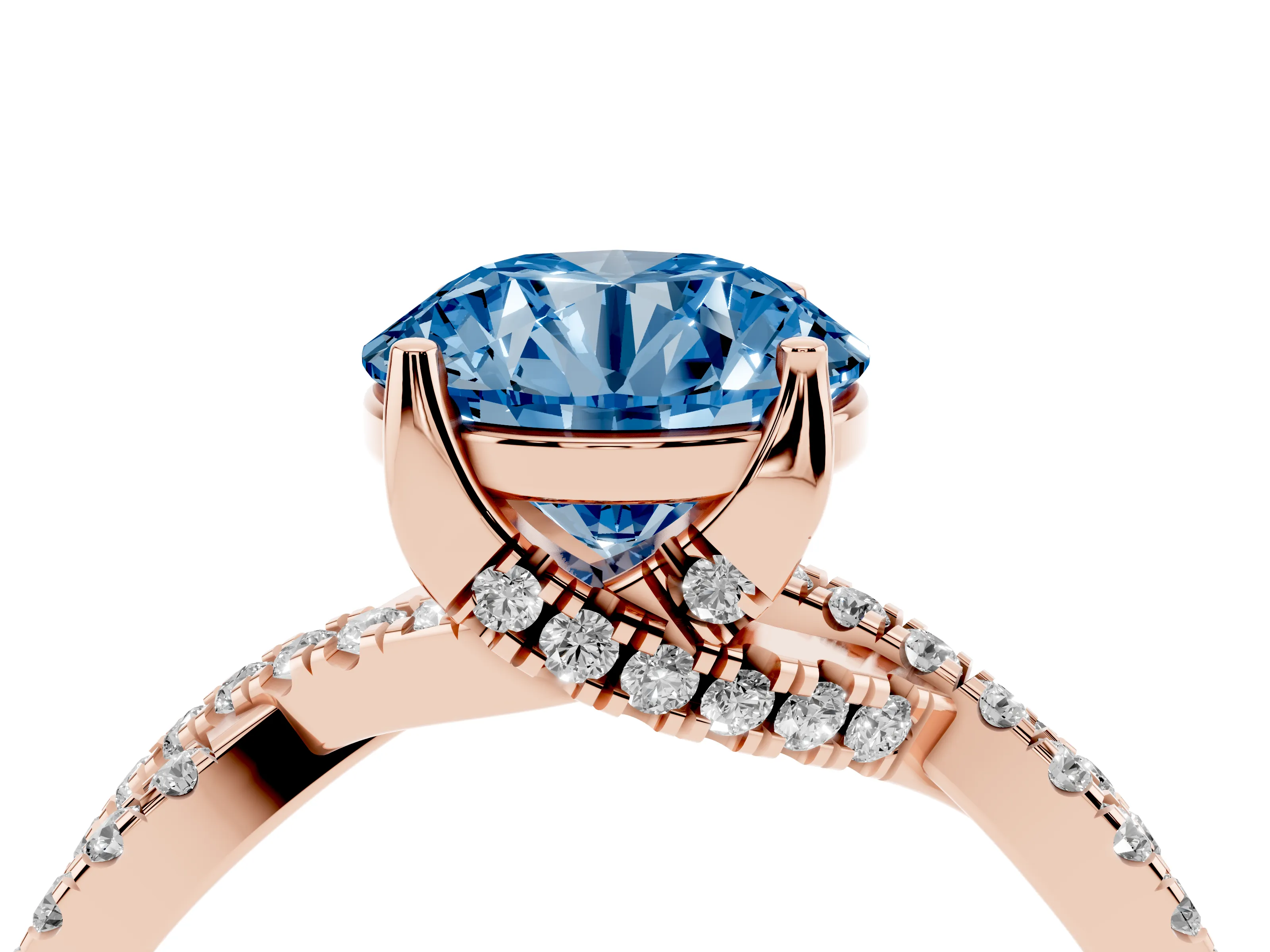 Fancy Blue Round Cut Diamond Twist Pavé Solitaire Engagement Ring Set in Rose gold with Prong Setting