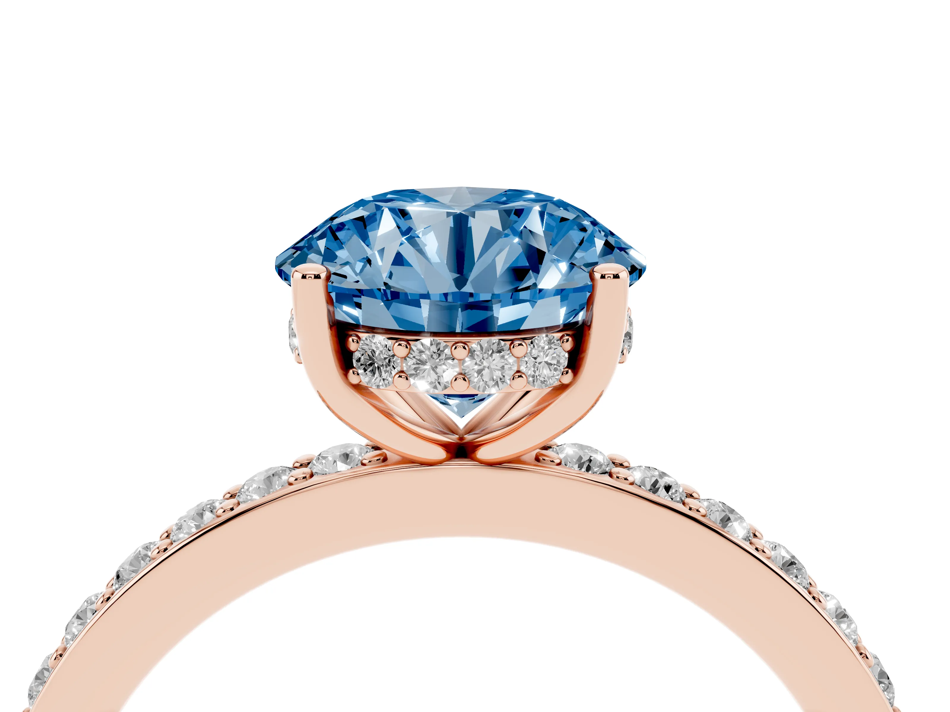 Fancy Blue Round Cut Diamond Pavé Band Ring Set in Rose gold with Prong-Set Center Stone
