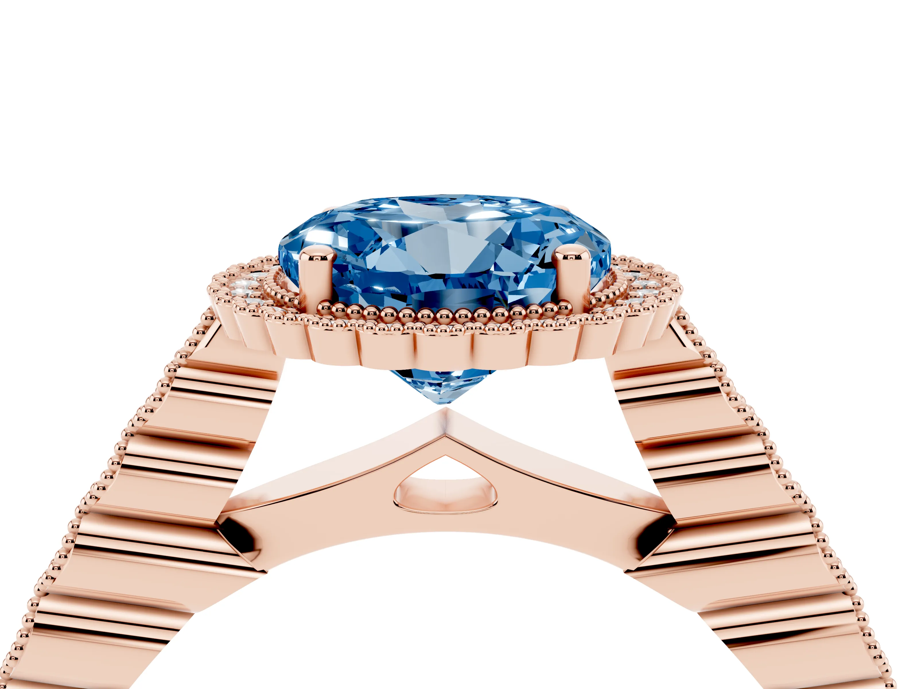Fancy Blue Round Cut Diamond Halo Ring Set in Rose gold with Pavé Milgrain Band