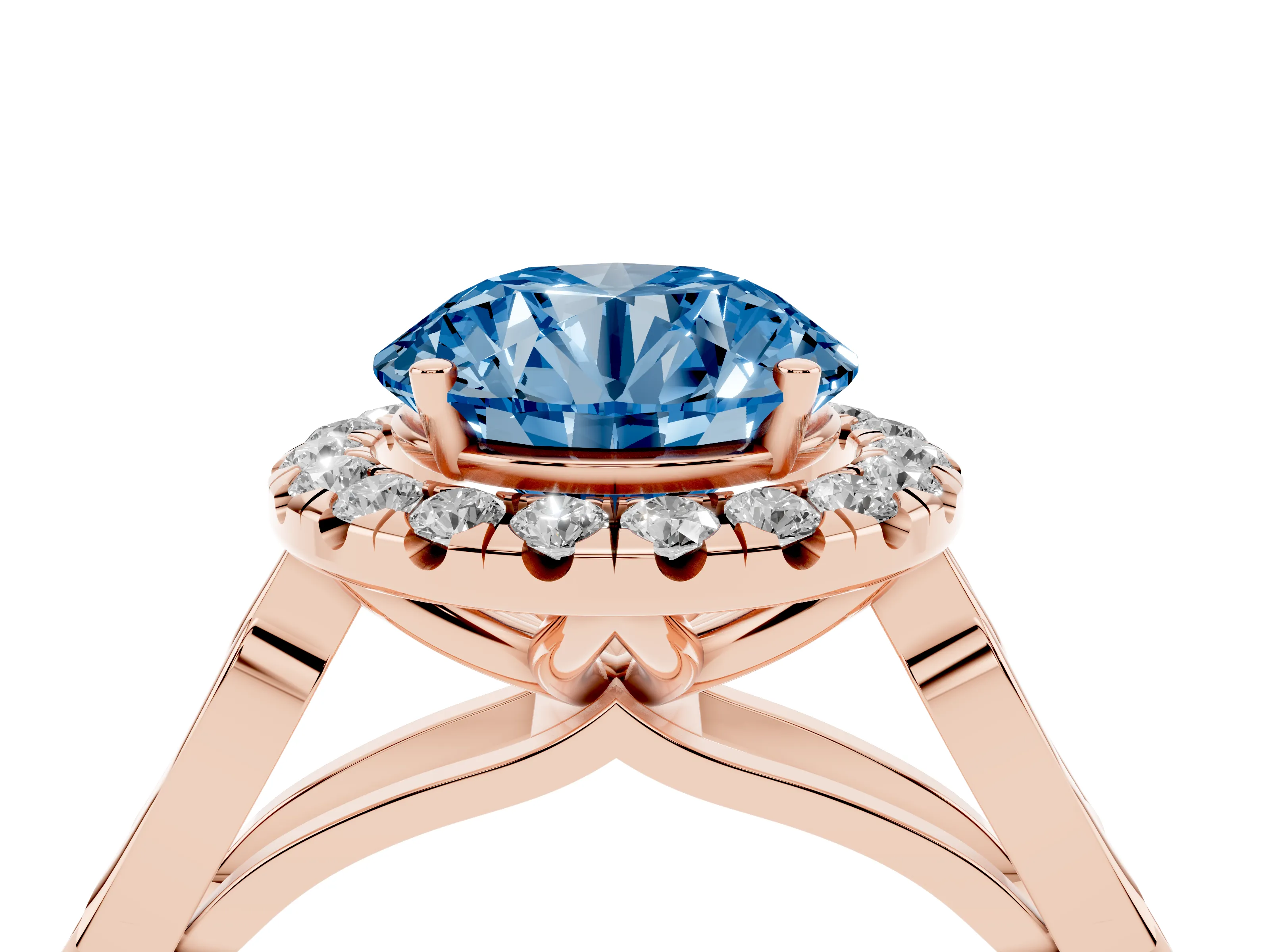 Fancy Blue Round Cut Diamond Halo Engagement Ring Set in Rose gold with Filigree Band and Prong-Set Center