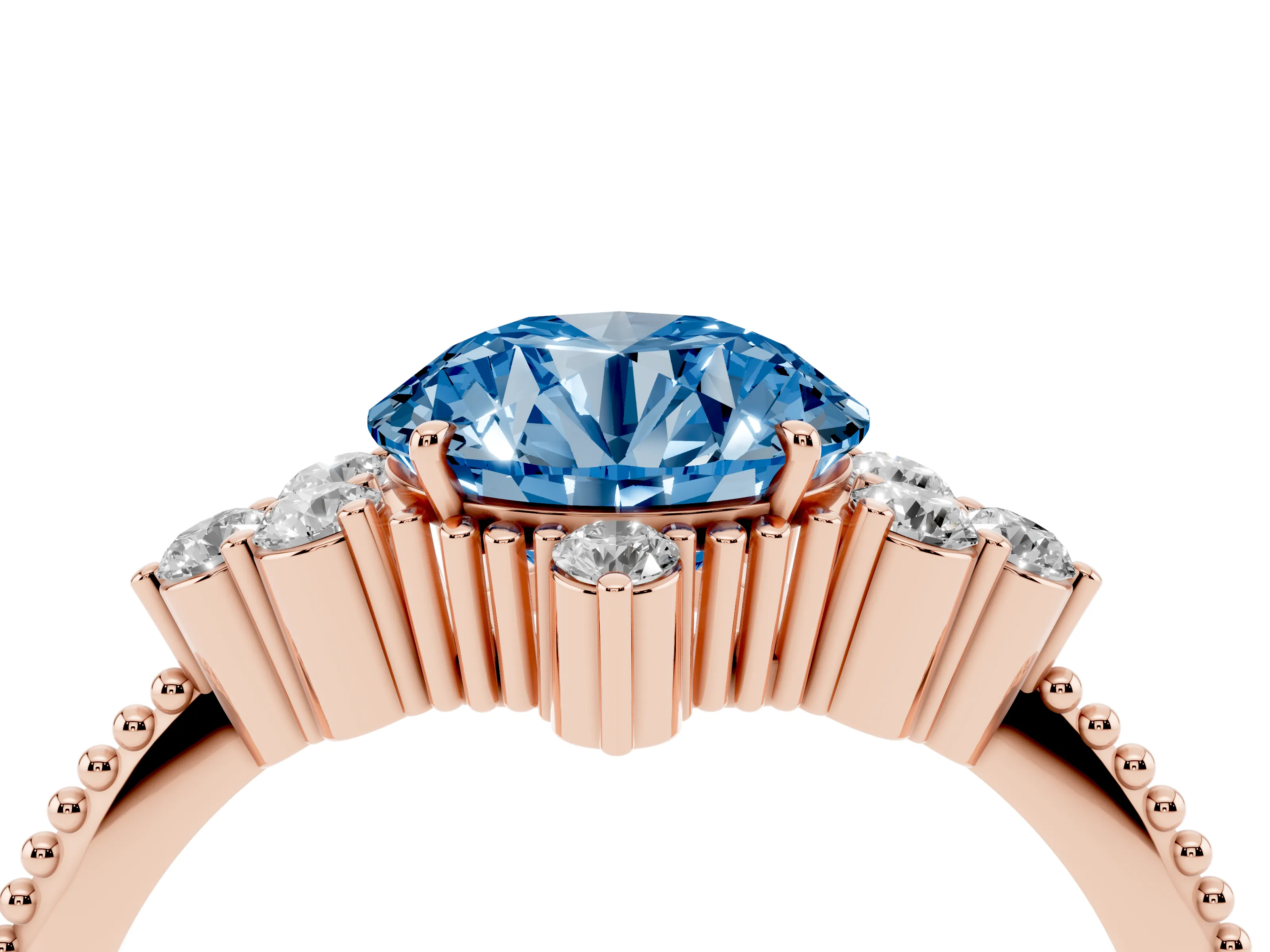 Fancy Blue Round Cut Diamond Cluster Ring Set in Rose gold with Beaded Band