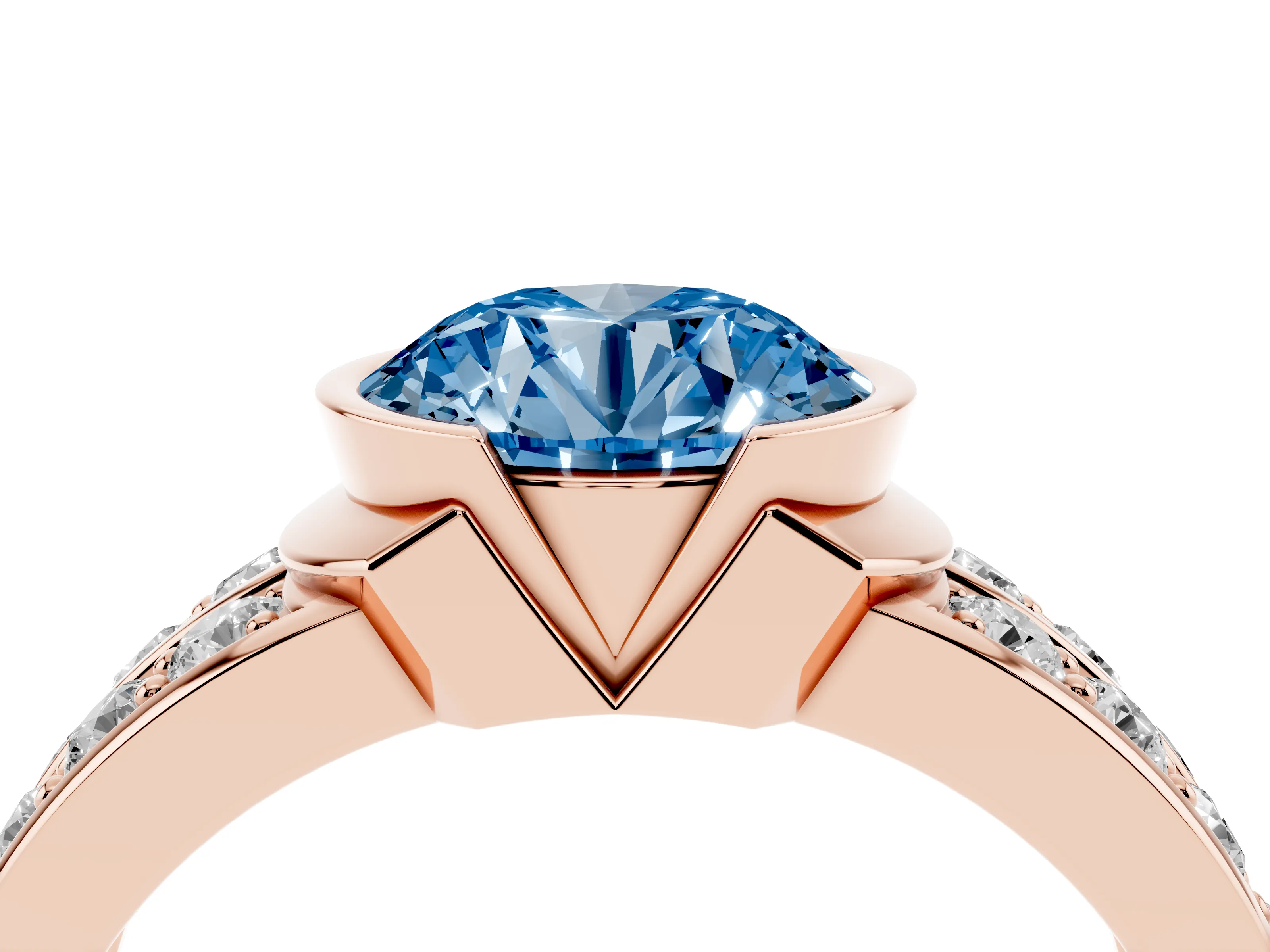 Fancy Blue Round Cut Diamond Wide Channel Set Band Ring Set in Rose gold with Bezel Setting