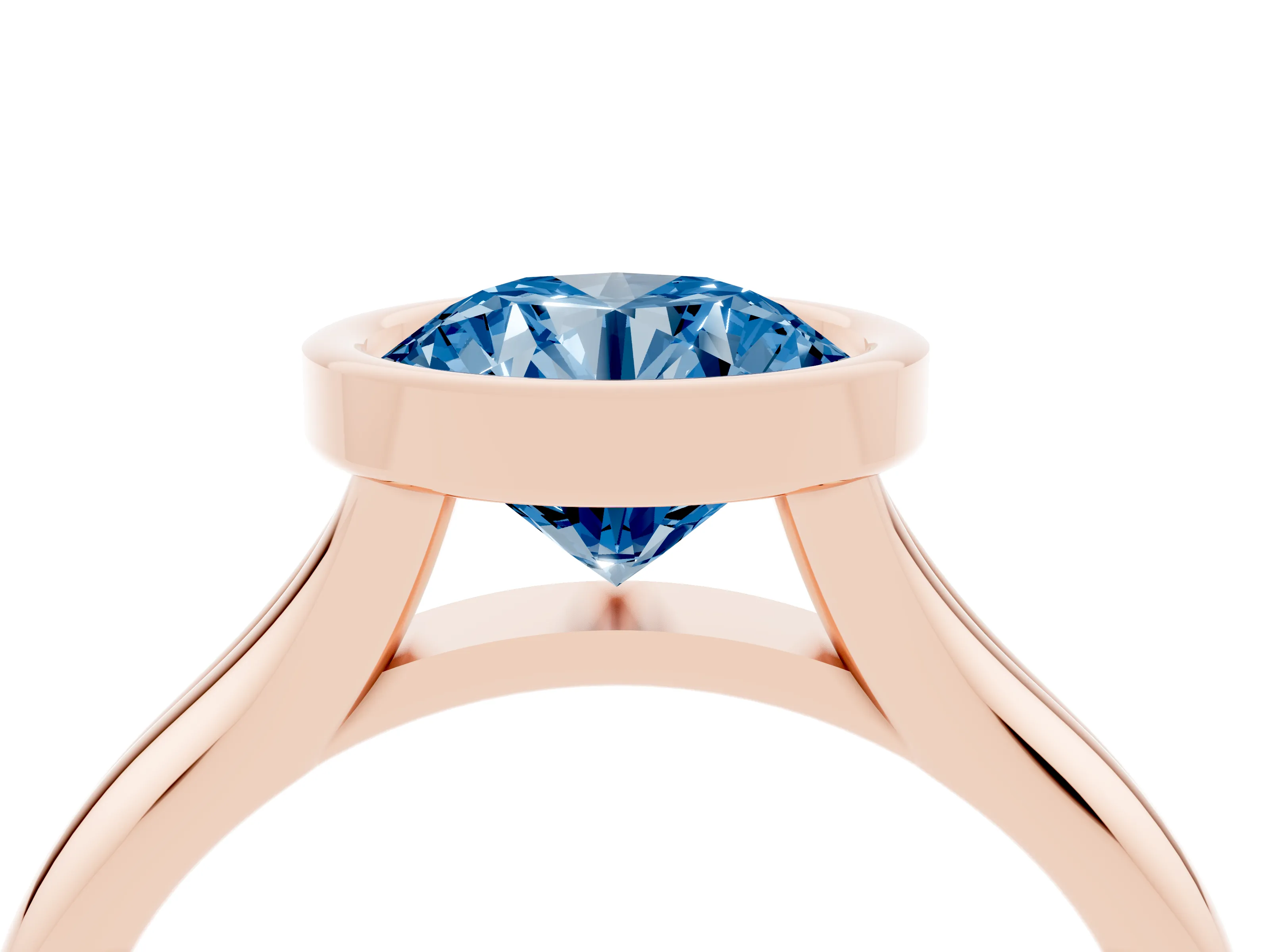 Fancy Blue Bezel Set Round Cut Diamond Solitaire Ring Set in Rose gold with Smooth Band