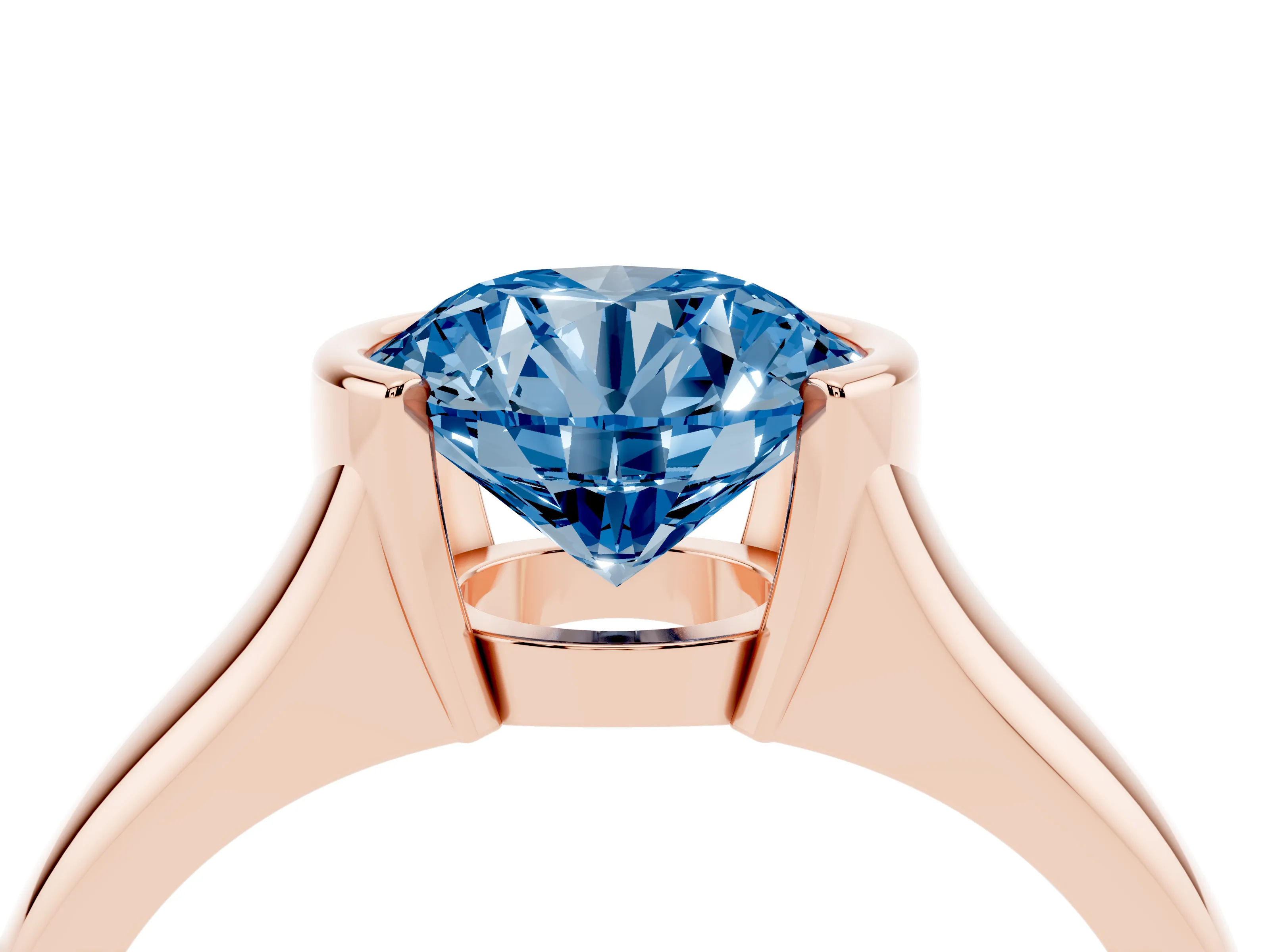 Fancy Blue Round Cut Diamond Solitaire Tension Set Ring Set in Rose gold with Split Shank Band