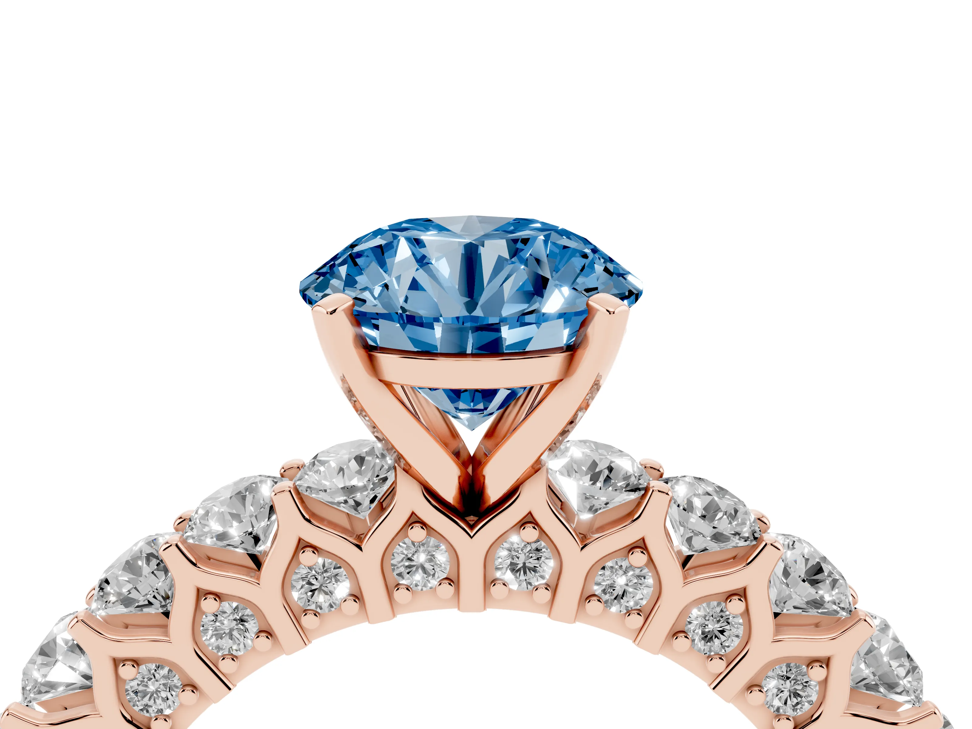 Fancy Blue Round Cut Diamond Solitaire Ring Set in Rose gold with Shared Prong Pavé Band