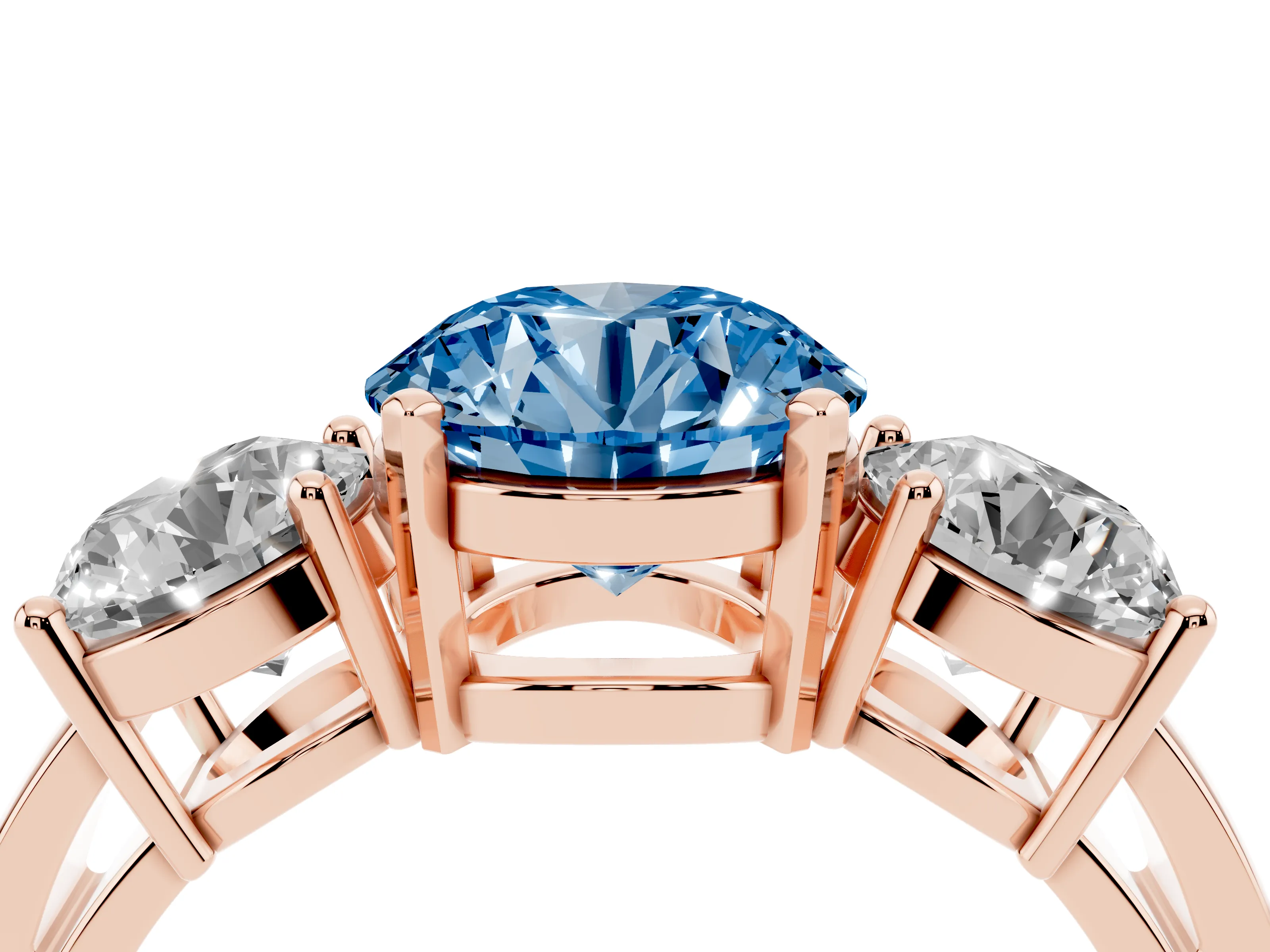 Fancy Blue Round Cut Diamond Three-Stone Ring Set in Rose gold with Round Side Stones and Classic Band