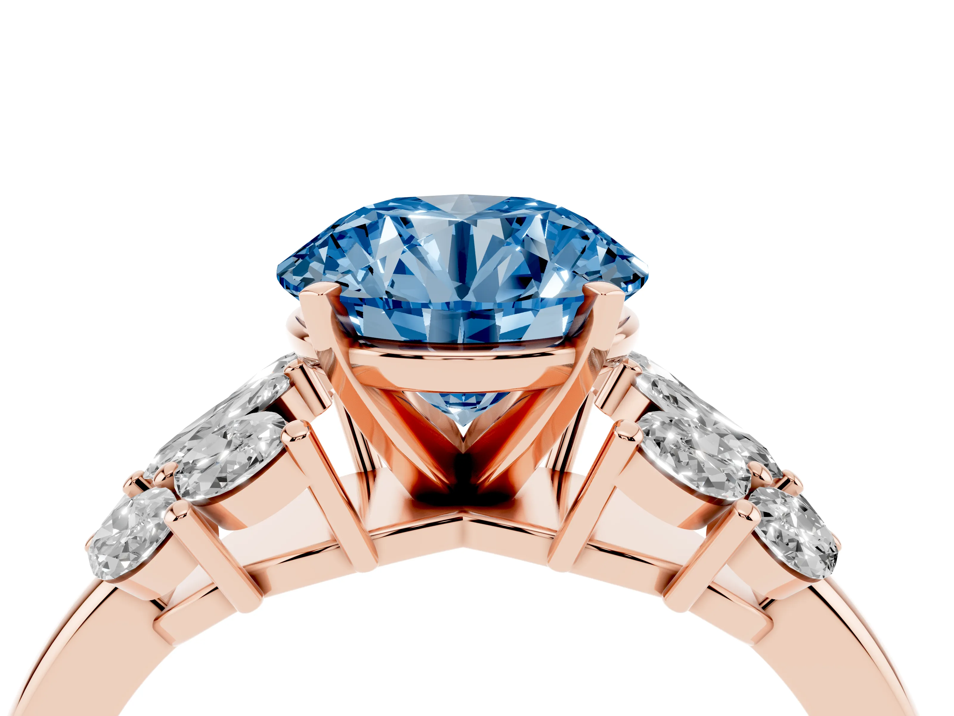 Fancy Blue Round Cut Diamond Cluster Leaf Design Ring Set in Rose gold with Prong Setting