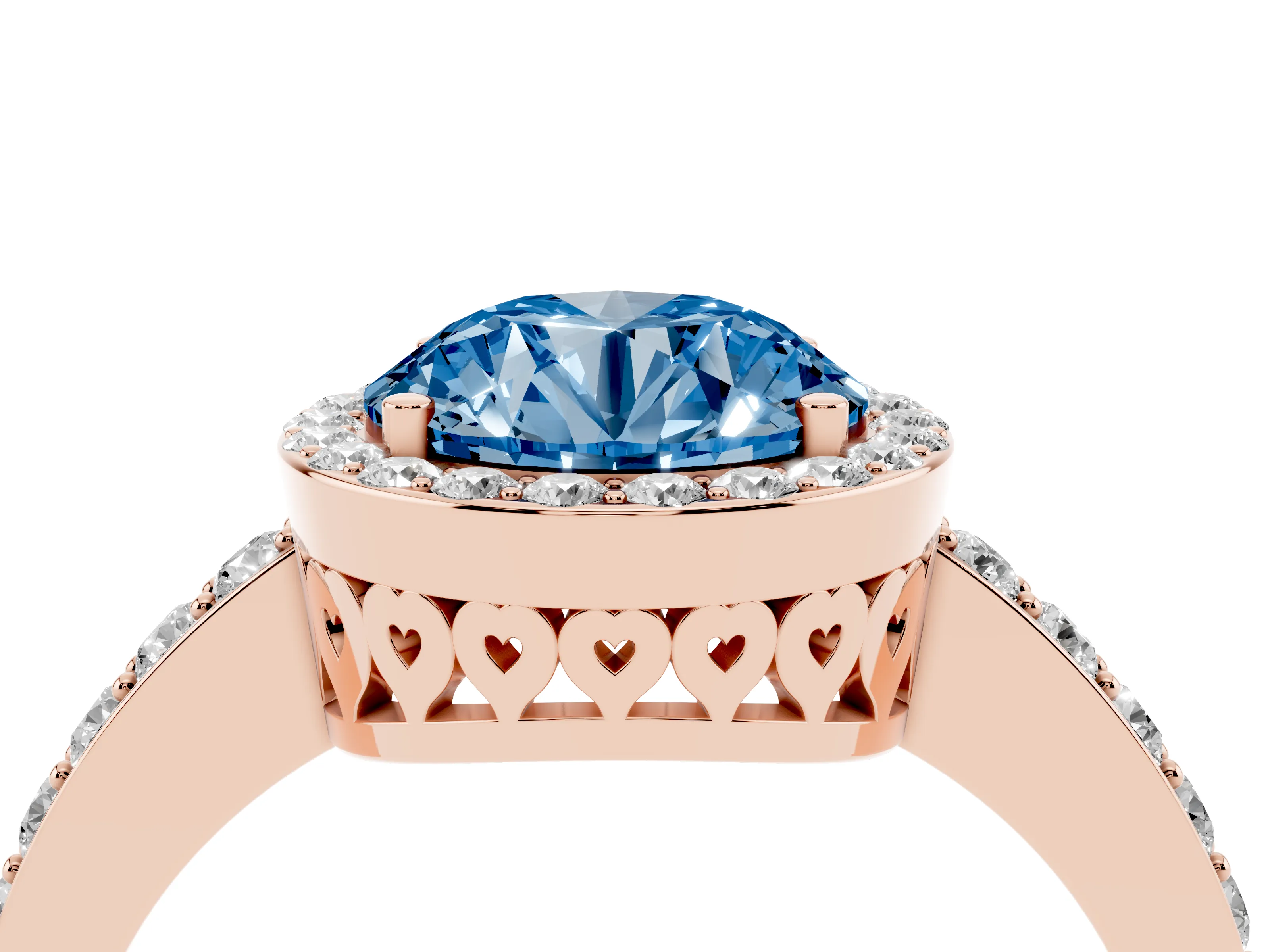 Fancy Blue Round Cut Diamond Halo Ring Set in Rose gold with Pavé-Setting Band and Open Prong Center