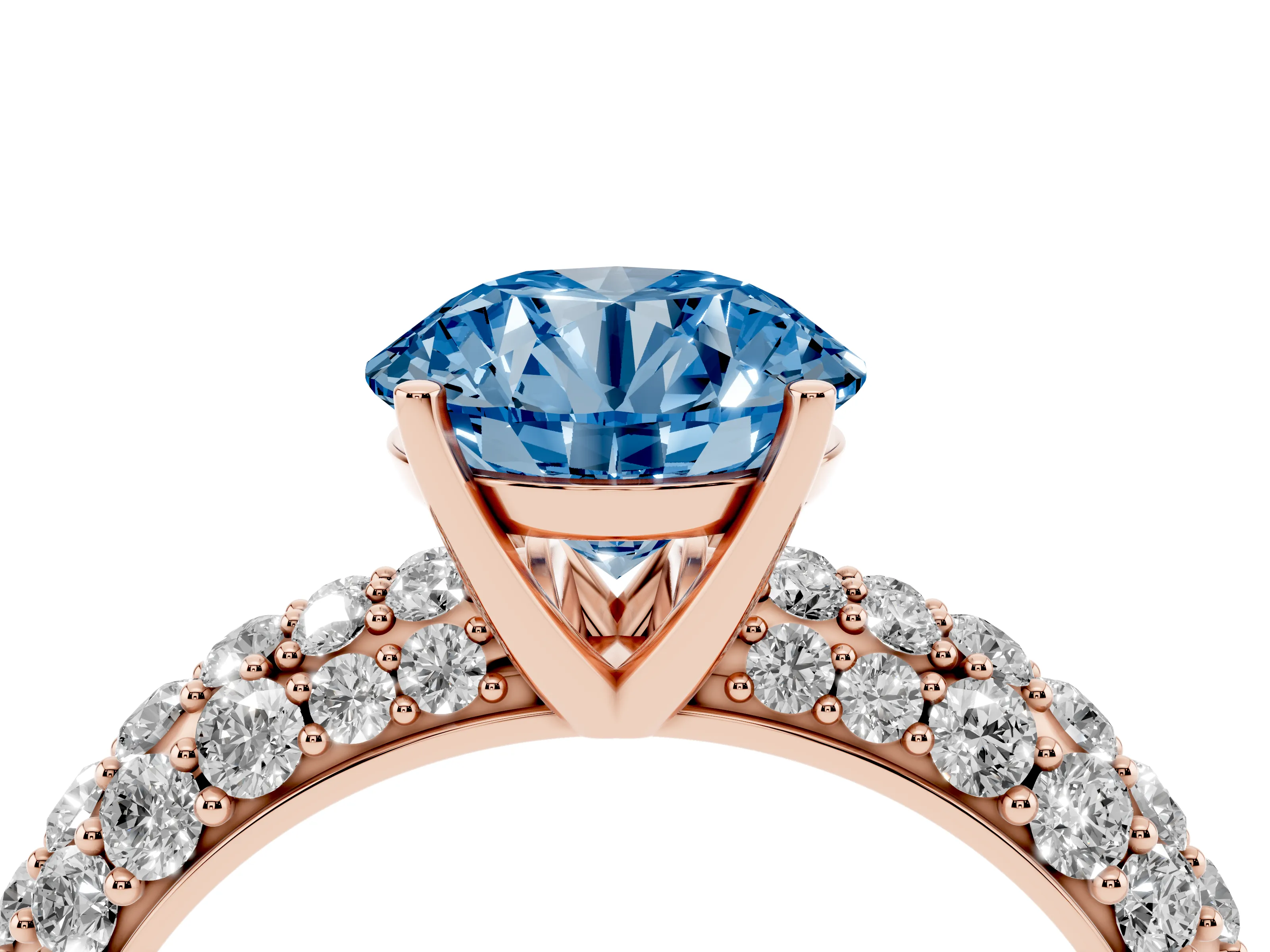 Fancy Blue Round Cut Diamond Pavé Band Solitaire Ring Set in Rose gold with Close-Set Accent Stones and Prong Setting