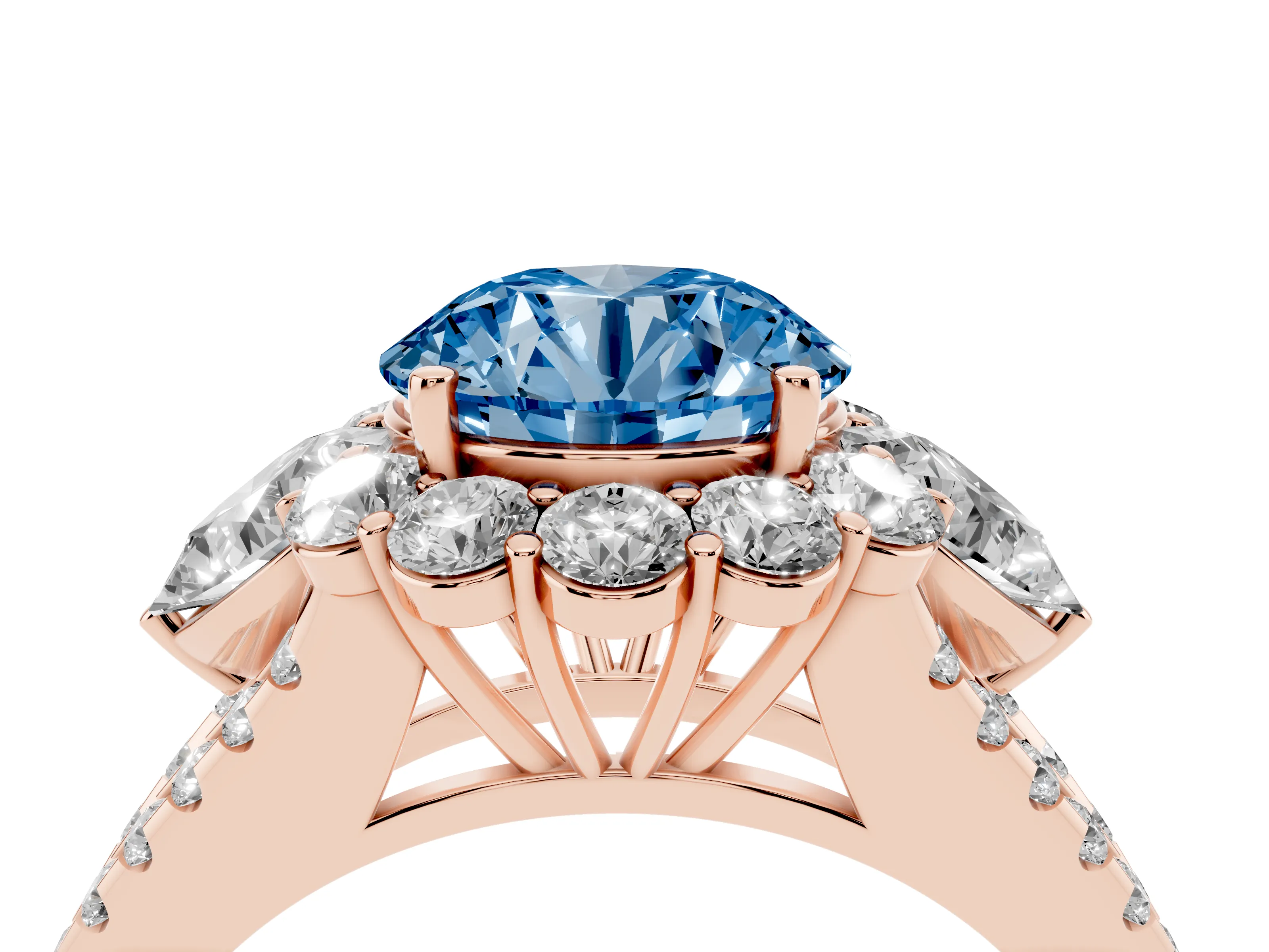 Fancy Blue Round Cut Diamond Halo Split Shank Engagement Ring Set in Rose gold with Prong-Held Center Stone
