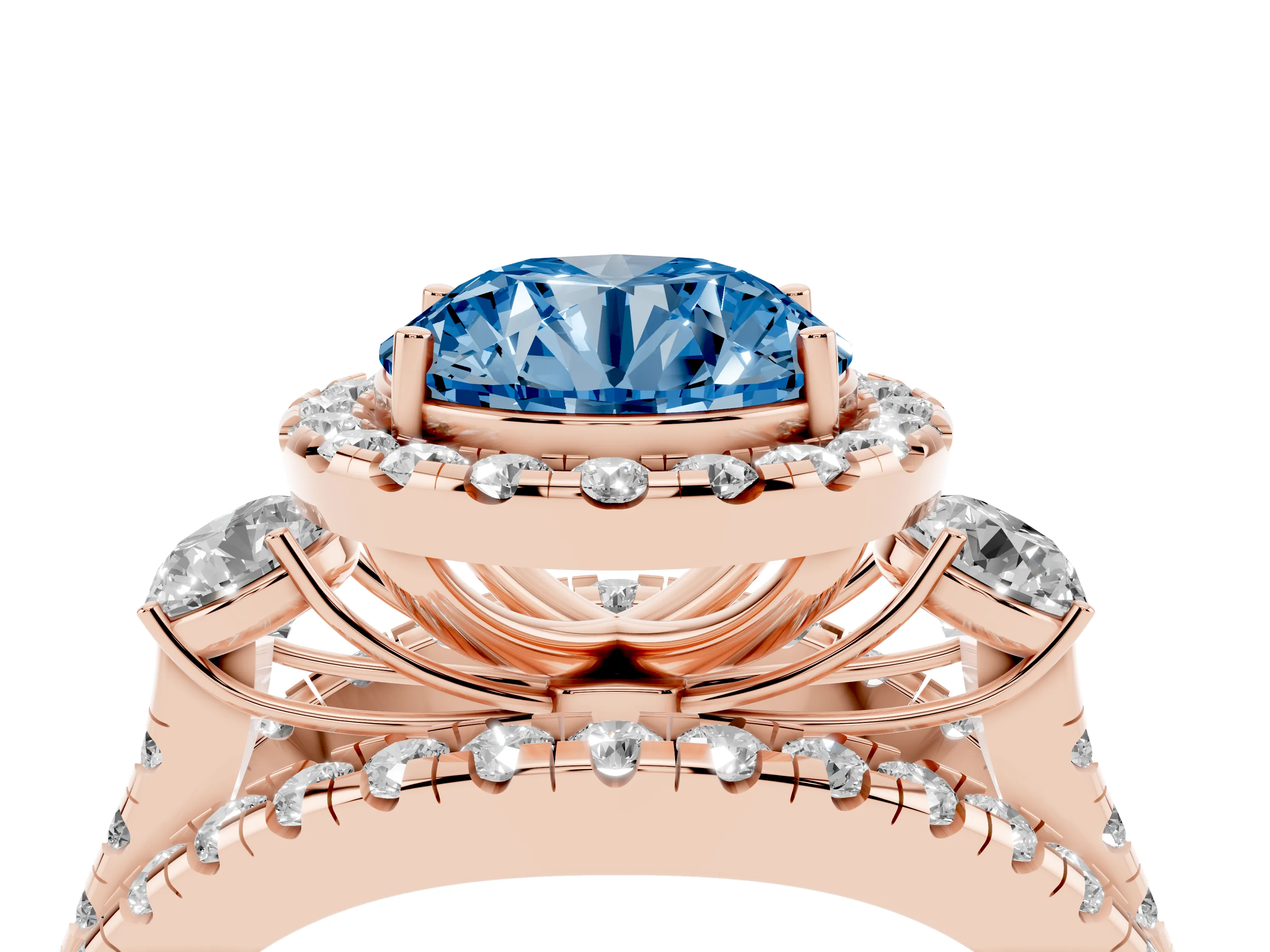 Fancy Blue Round Cut Diamond Halo Split Shank Ring Set in Rose gold with Round Accent Stones and Prong Setting