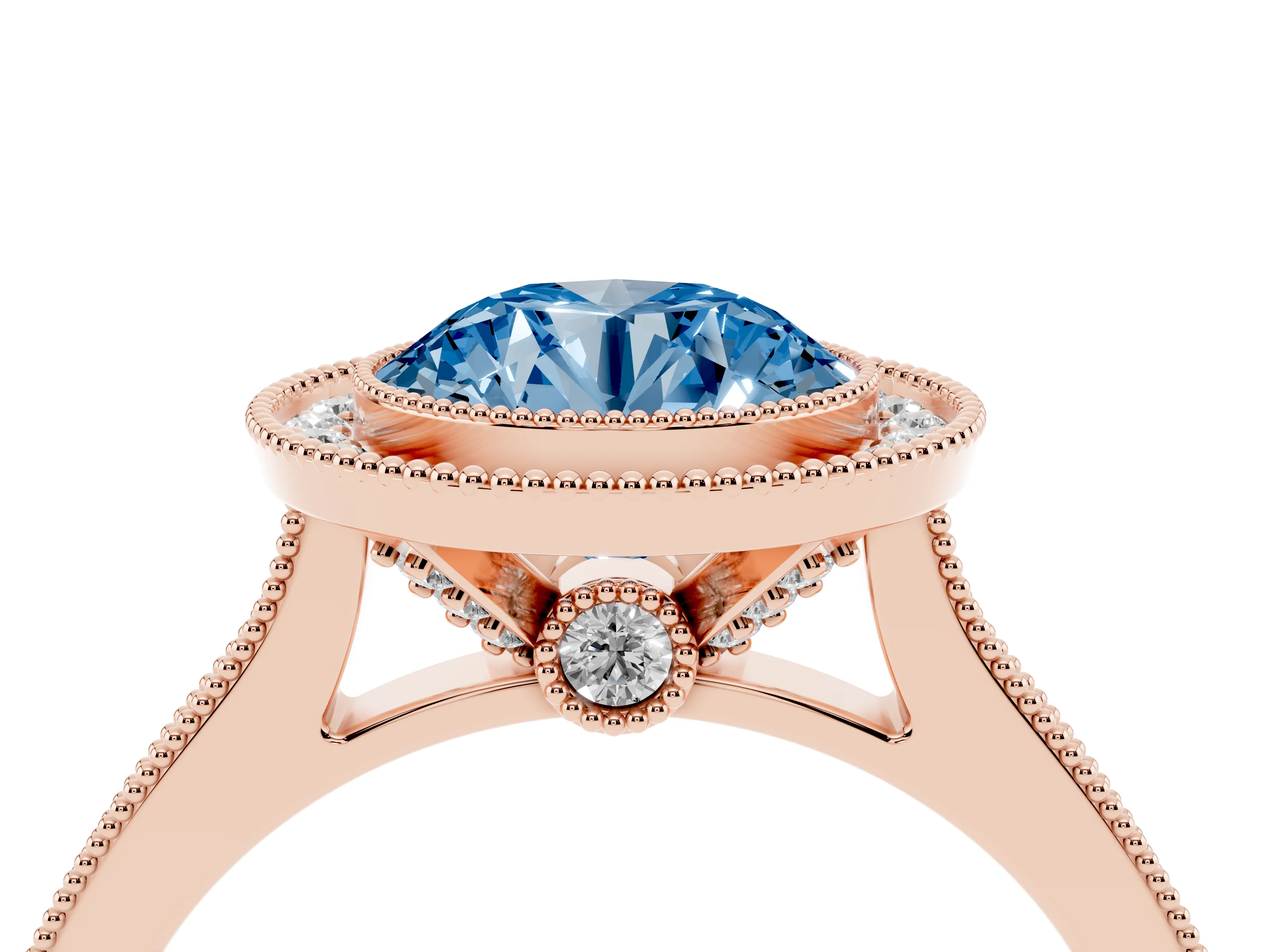 Fancy Blue Round Cut Diamond Halo Milgrain Pavé Band Ring Set in Rose gold with Prong Setting
