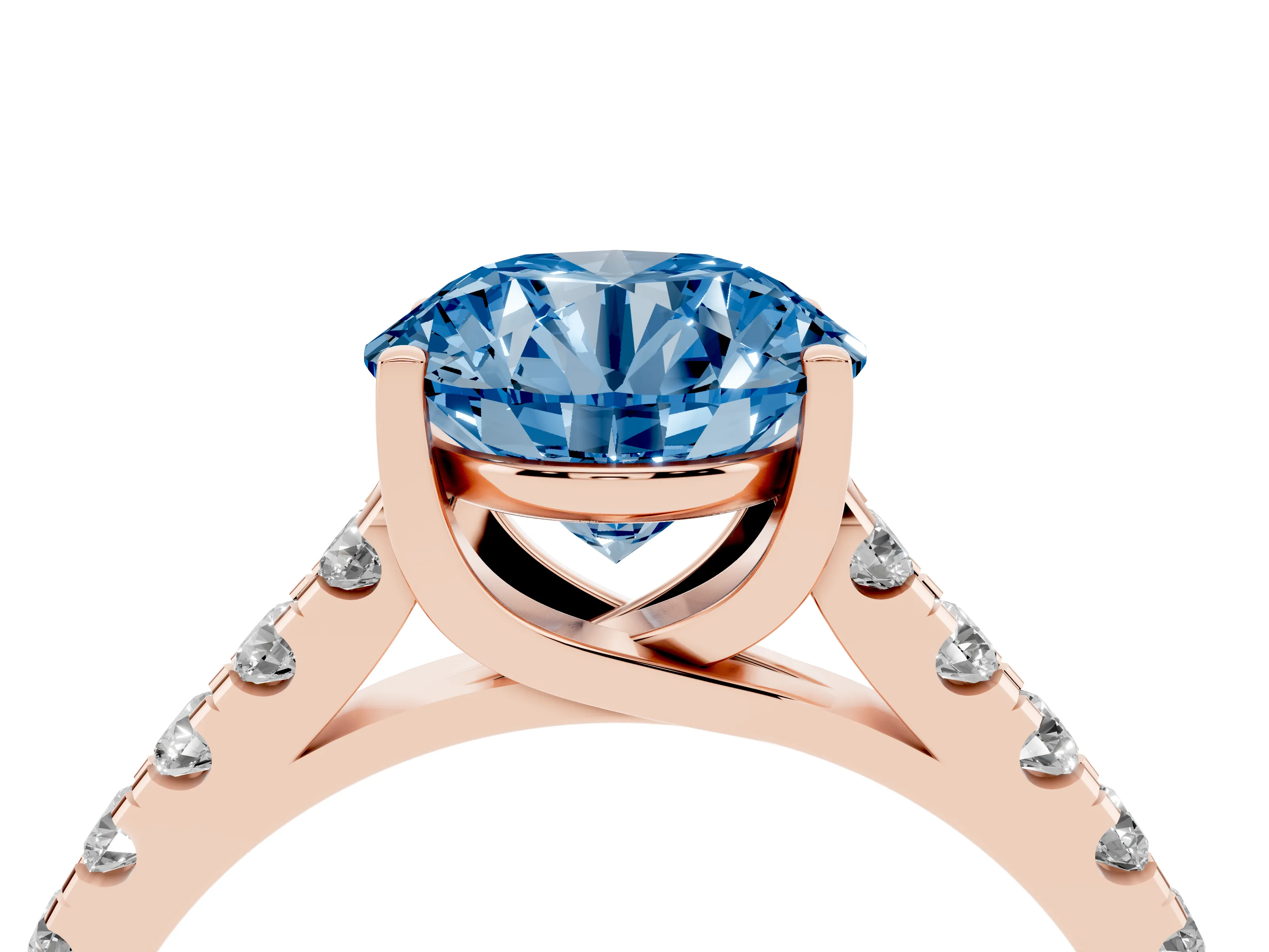Fancy Blue Round Cut Diamond Pavé Band Solitaire Ring Set in Rose gold with Partway Accent Stones and Prong Setting