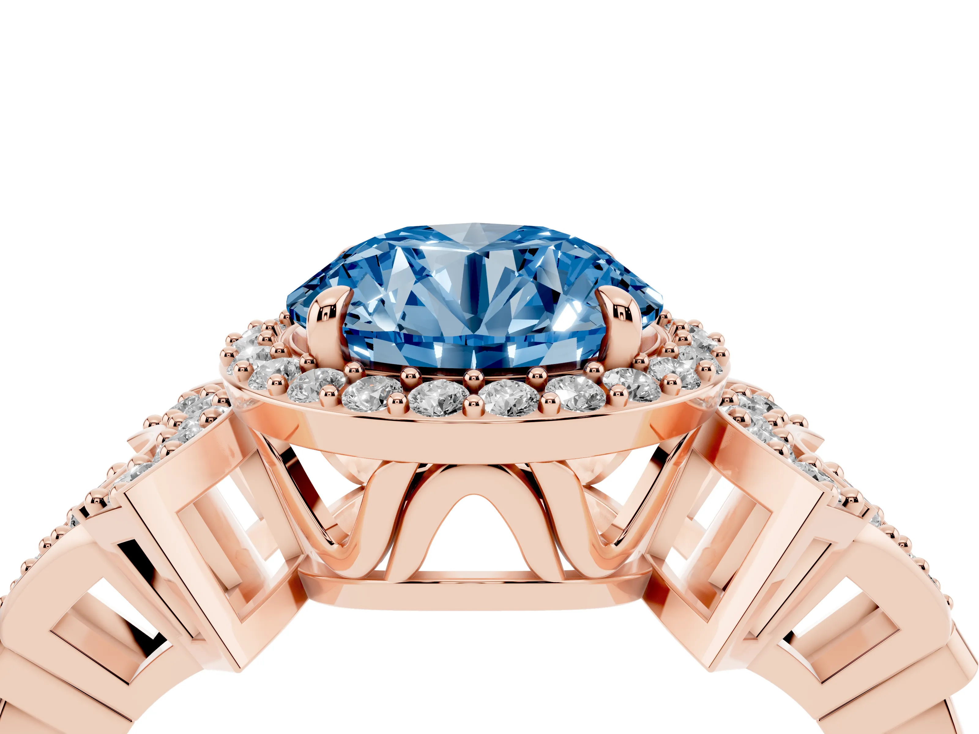 Fancy Blue Round Cut Diamond Halo Engagement Ring Set in Rose gold with Accent Stone Split Shank