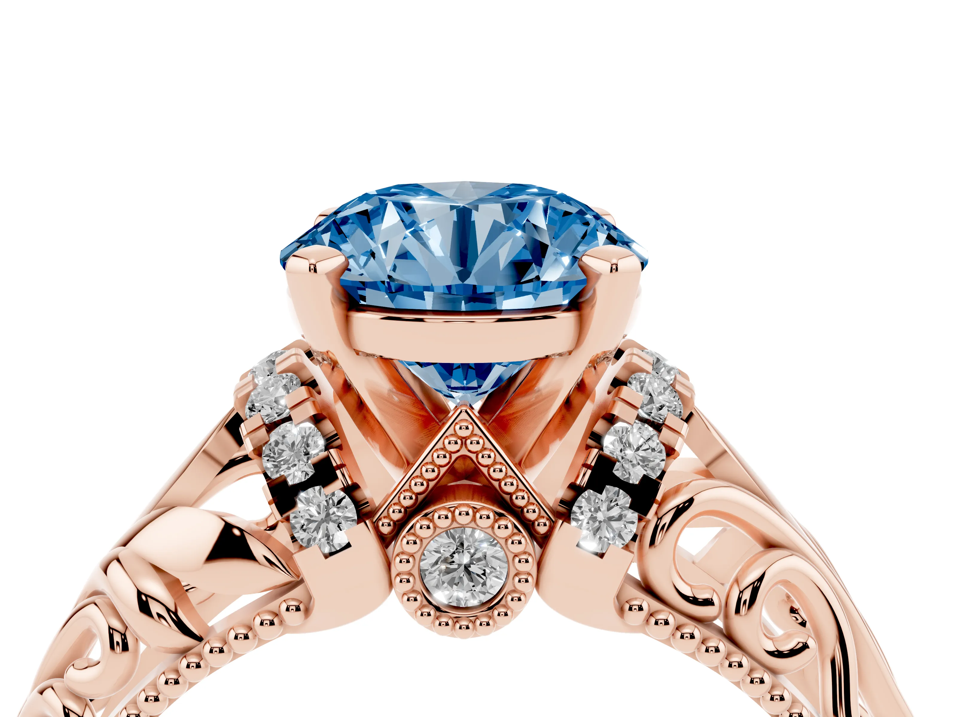 Fancy Blue Round Cut Diamond Filigree Halo Engagement Ring Set in Rose gold with Prong Setting