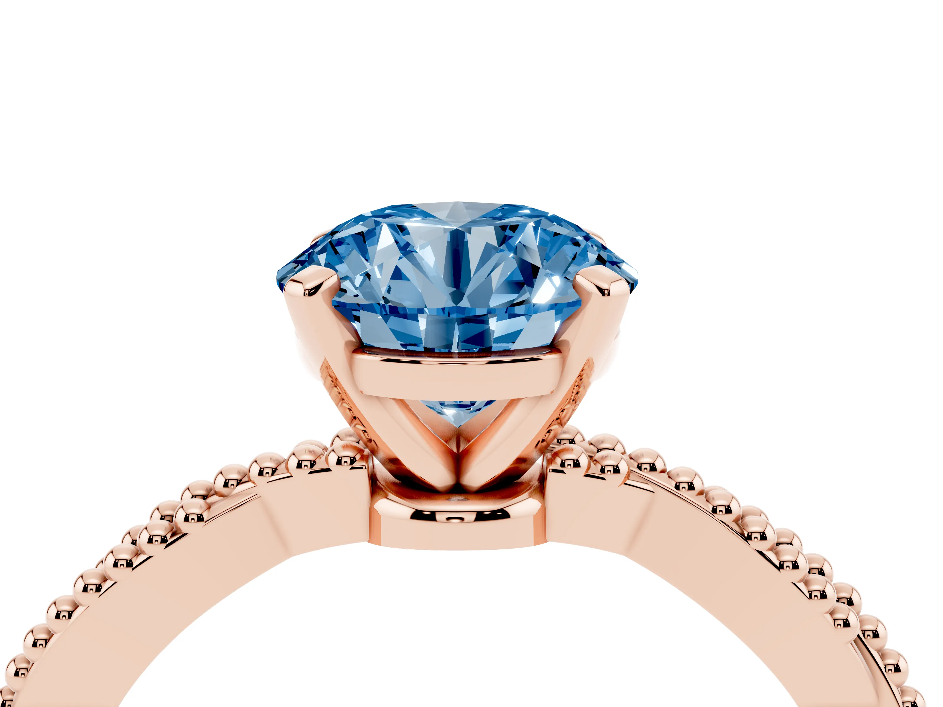 Fancy Blue Round Cut Diamond Solitaire Ring Set in Rose gold with Twisted Band and Bead Prong Setting