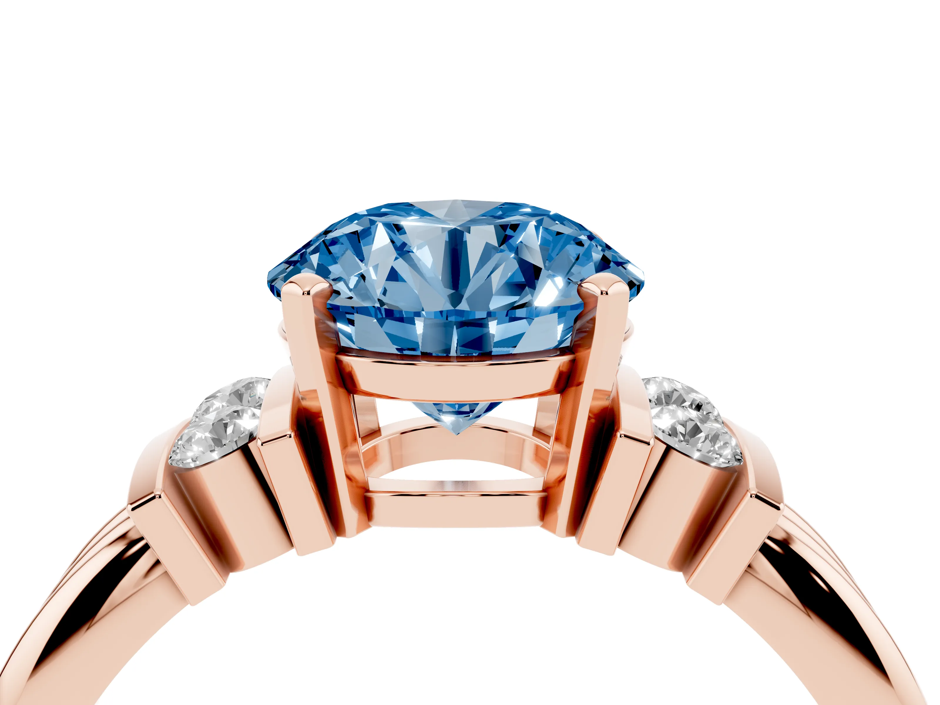Fancy Blue Three-Stone Round Cut Diamond Channel Set Ring Set in Rose gold with Bar Prongs