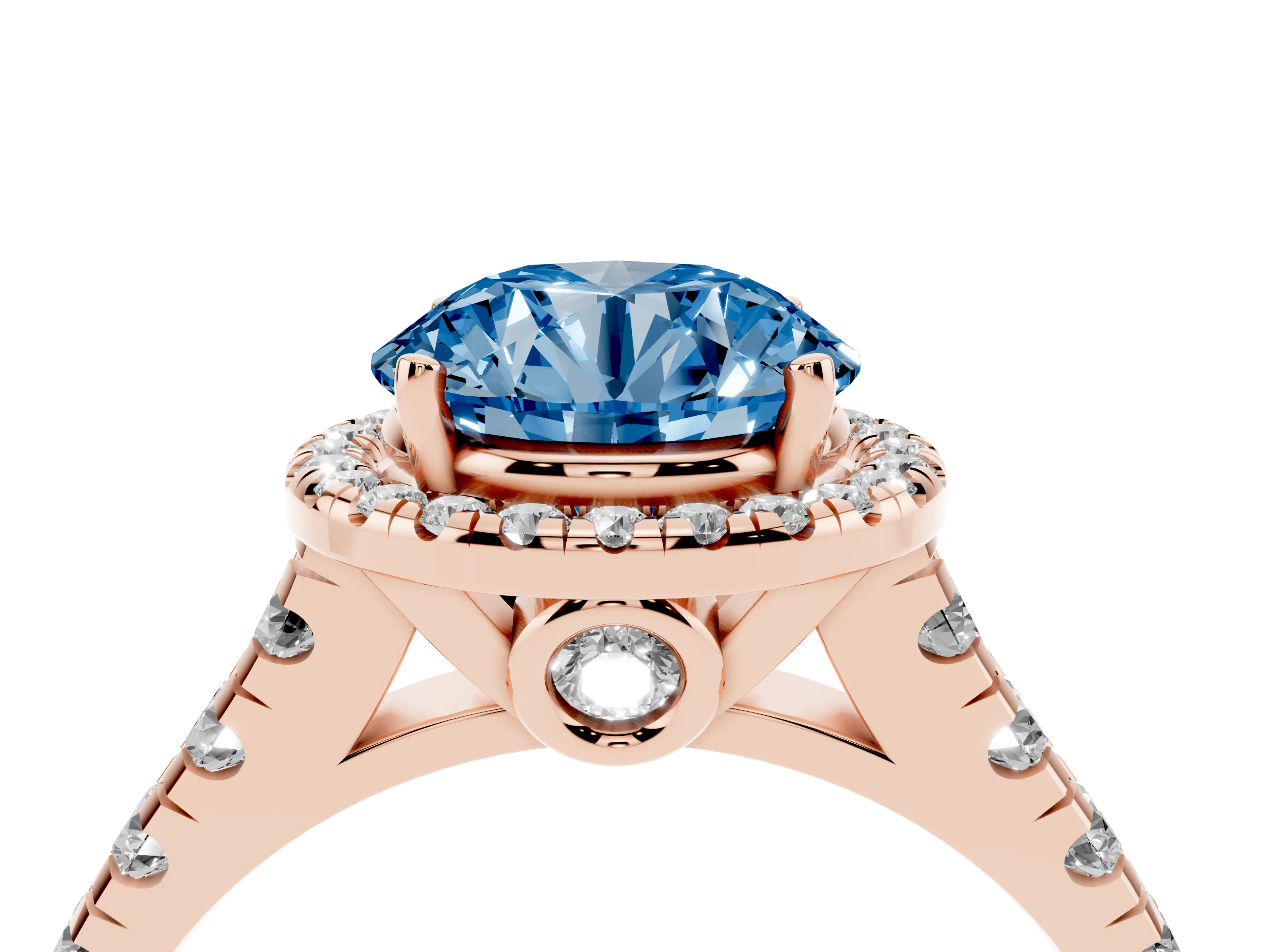 Fancy Blue Round Cut Diamond Halo Engagement Ring Set in Rose gold with Pavé Band and Prong-Set Center