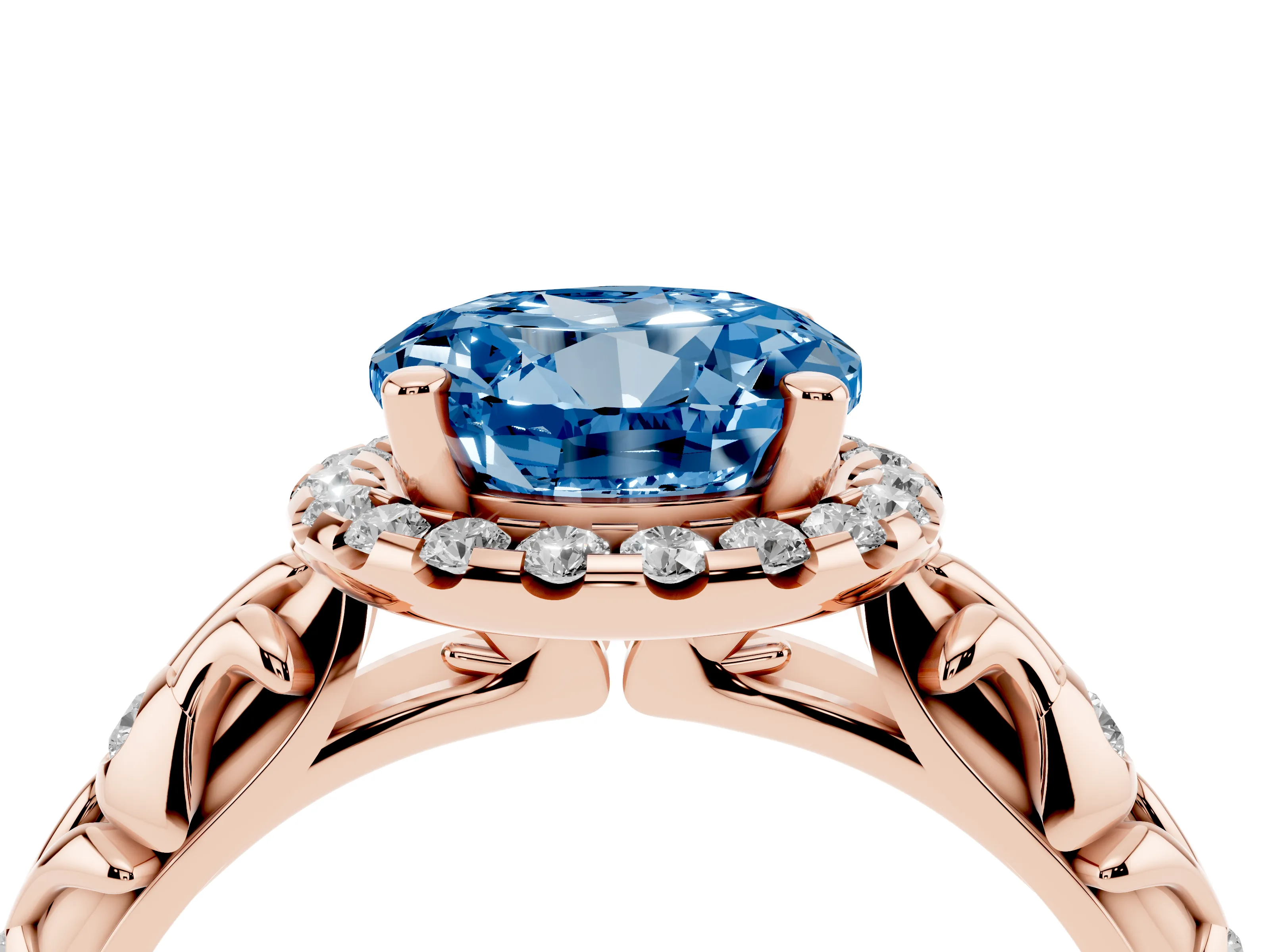 Fancy Blue Round Cut Diamond Halo Ring Set in Rose gold with Filigree Leaf Band and Prong Setting