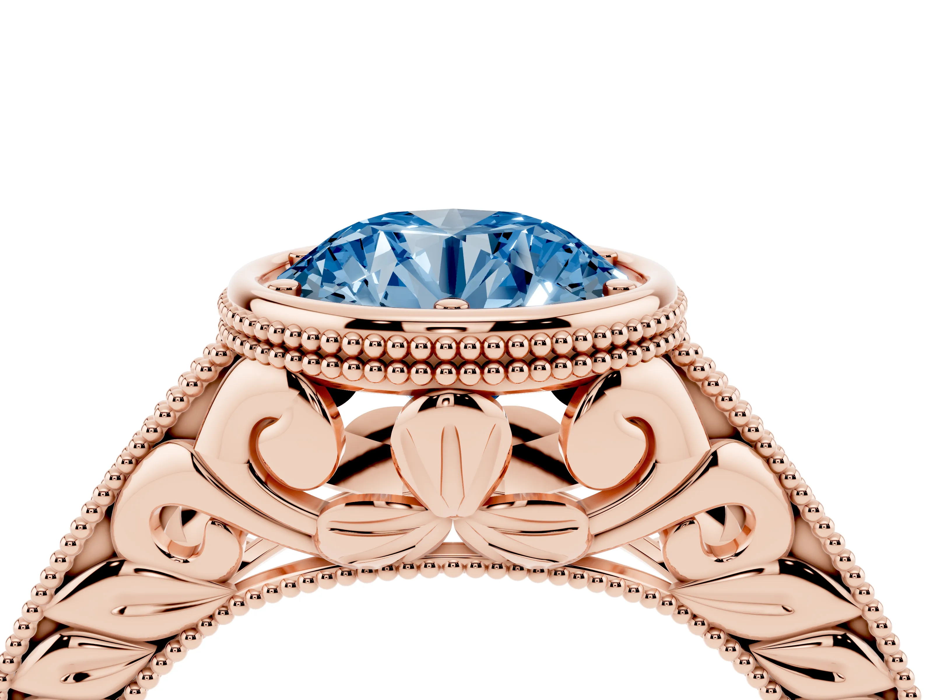 Fancy Blue Bezel Set Round Cut Diamond Milgrain Pavé Engagement Ring Set in Rose gold