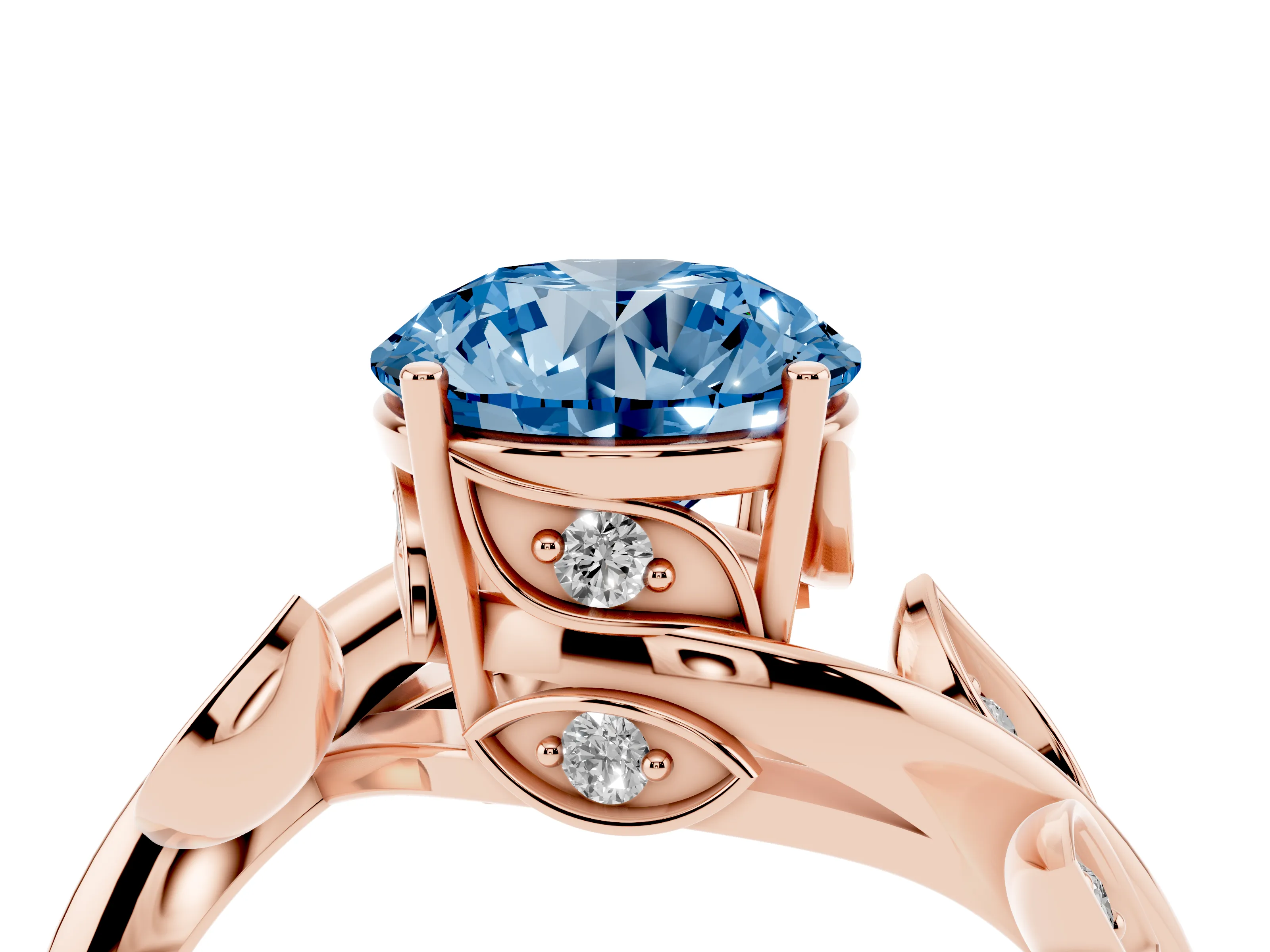 Fancy Blue Round Cut Diamond Solitaire Twist Engagement Ring Set in Rose gold with Pavé Leaf Accents