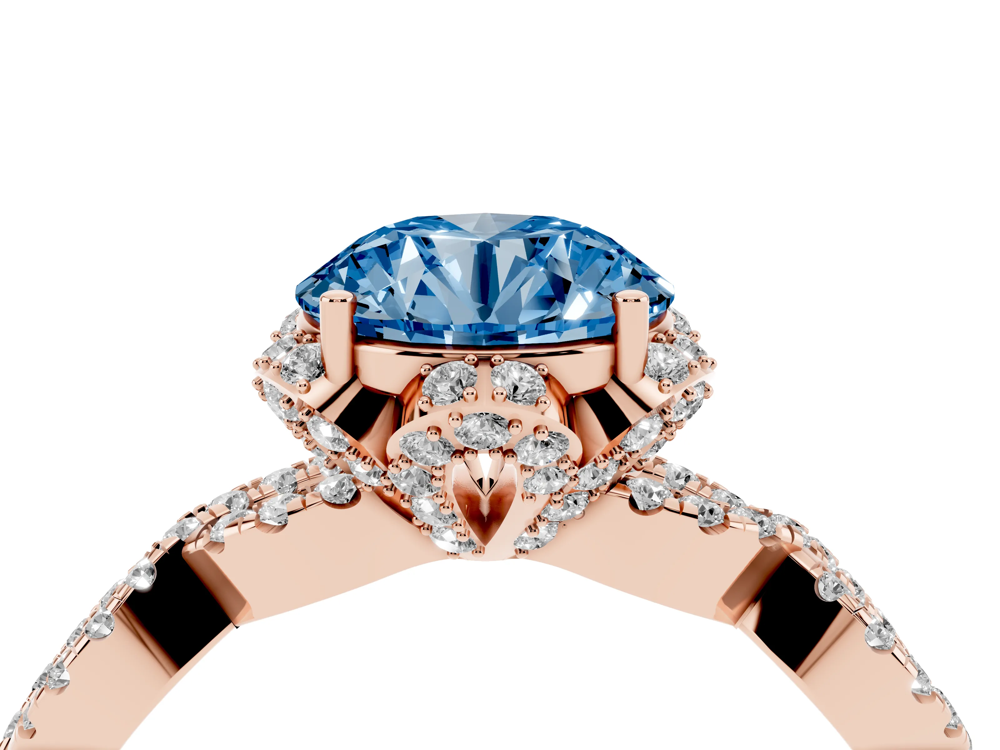 Fancy Blue Round Cut Diamond Halo Twist Band Solitaire Ring Set in Rose gold with Prong-Set Center Stone