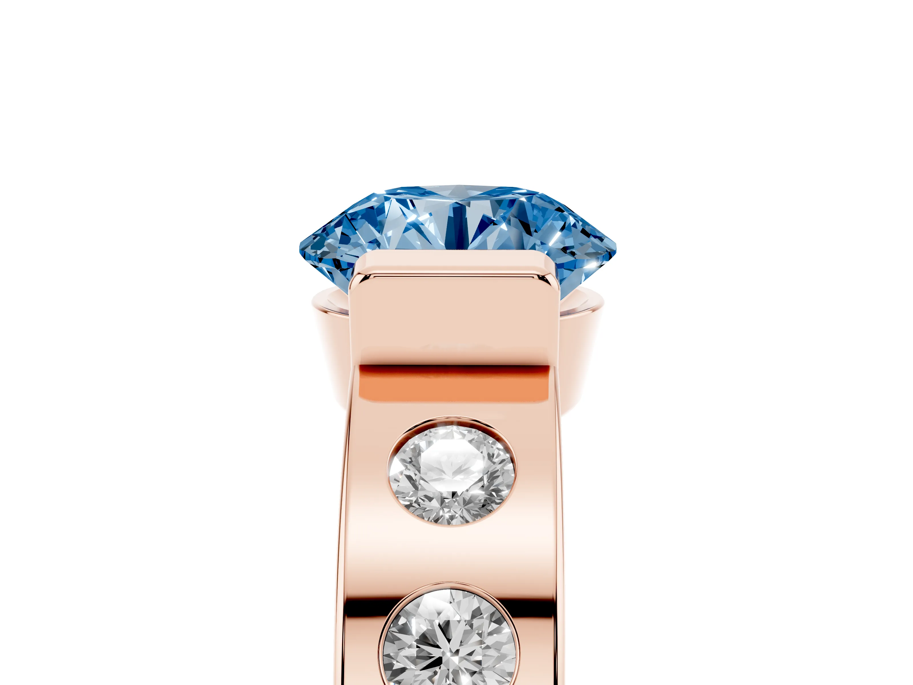 Fancy Blue Round Cut Diamond Channel-Set Band Ring Set in Rose gold with Bezel Prong Setting