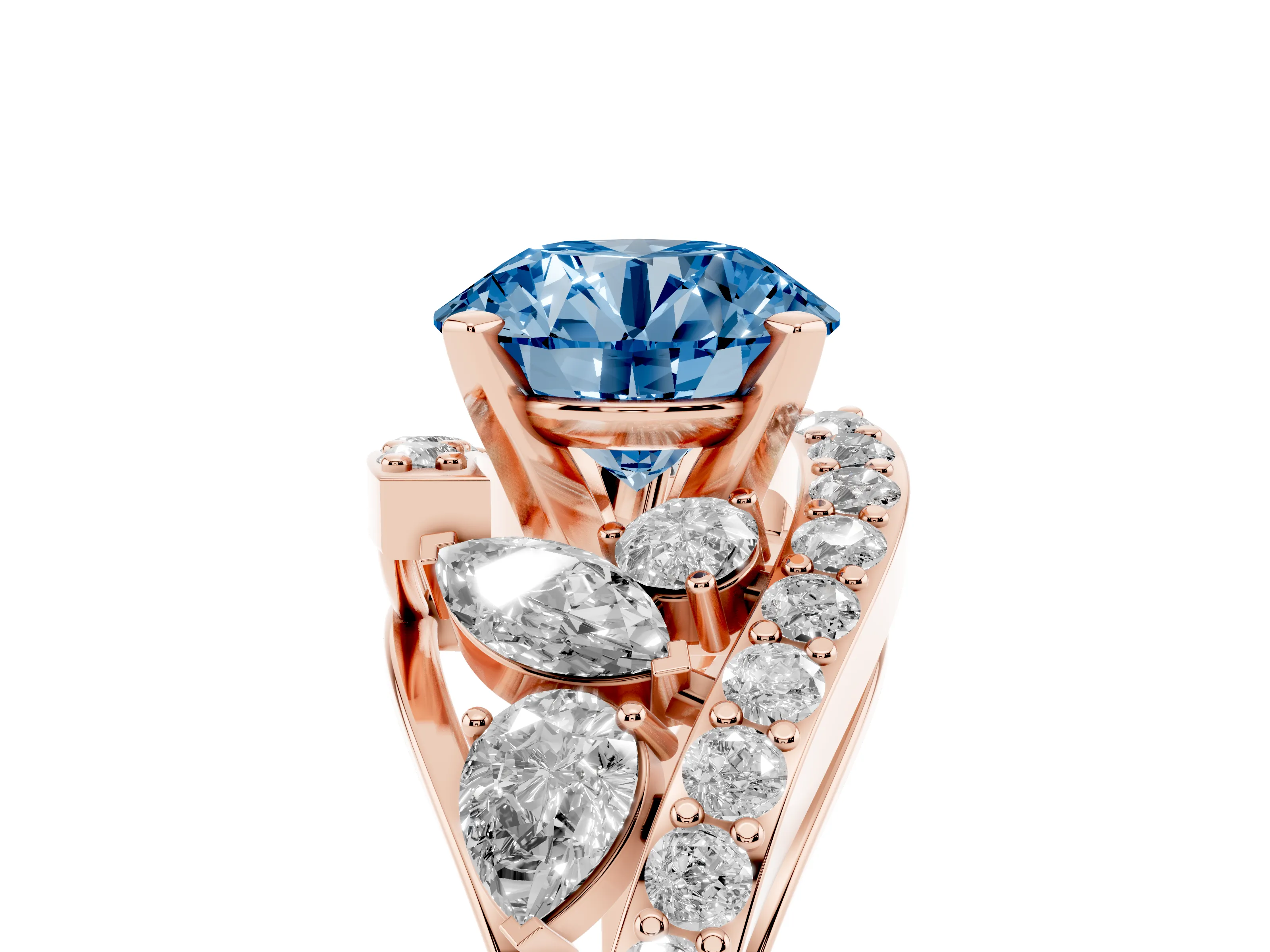 Fancy Blue Round Cut Diamond Halo Ring Set in Rose gold with Marquise and Pavé Band in Prong Setting