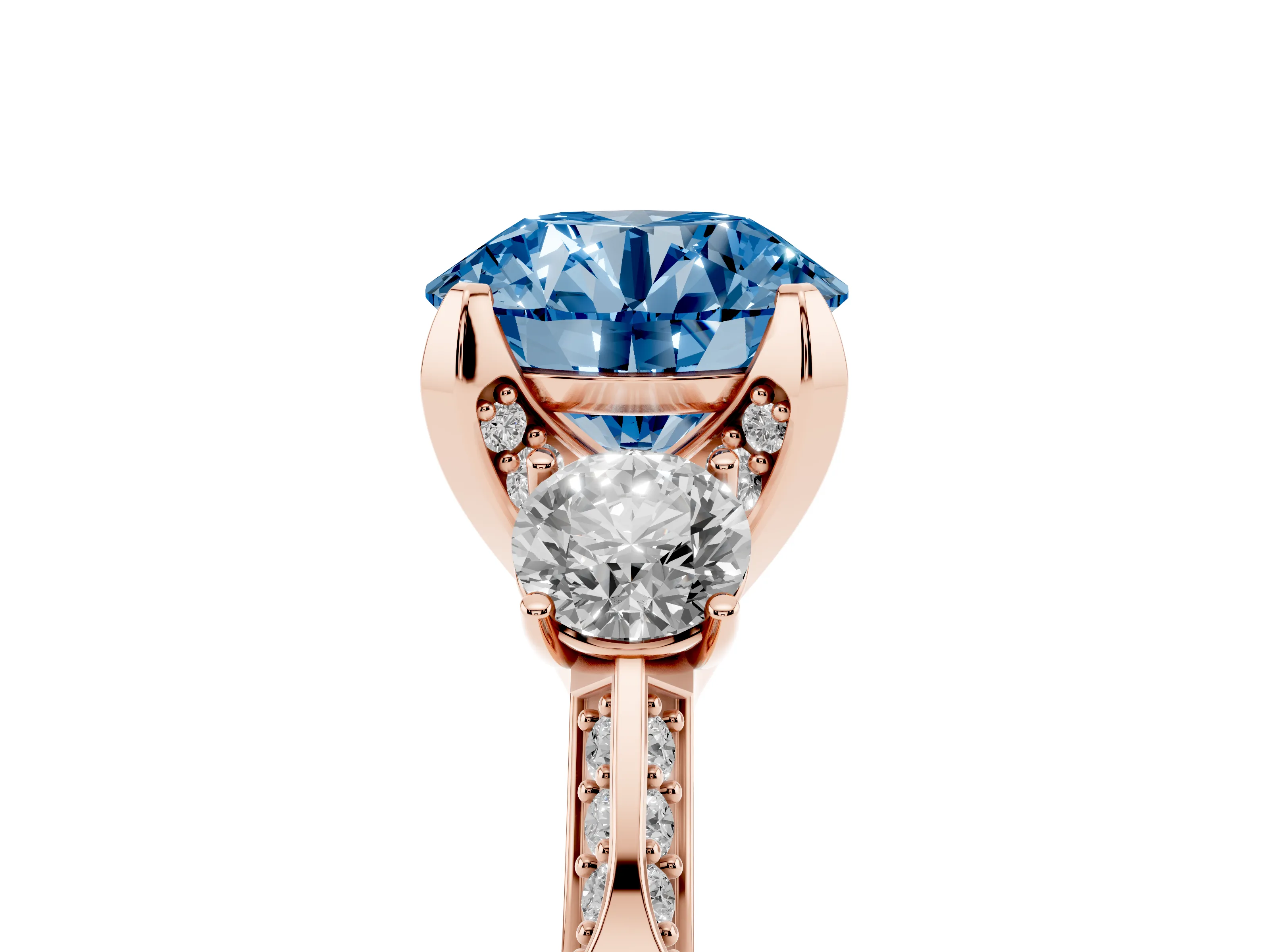 Fancy Blue Round Cut Diamond Three-Stone Ring Set in Rose gold with Pavé Band and Smaller Side Stones