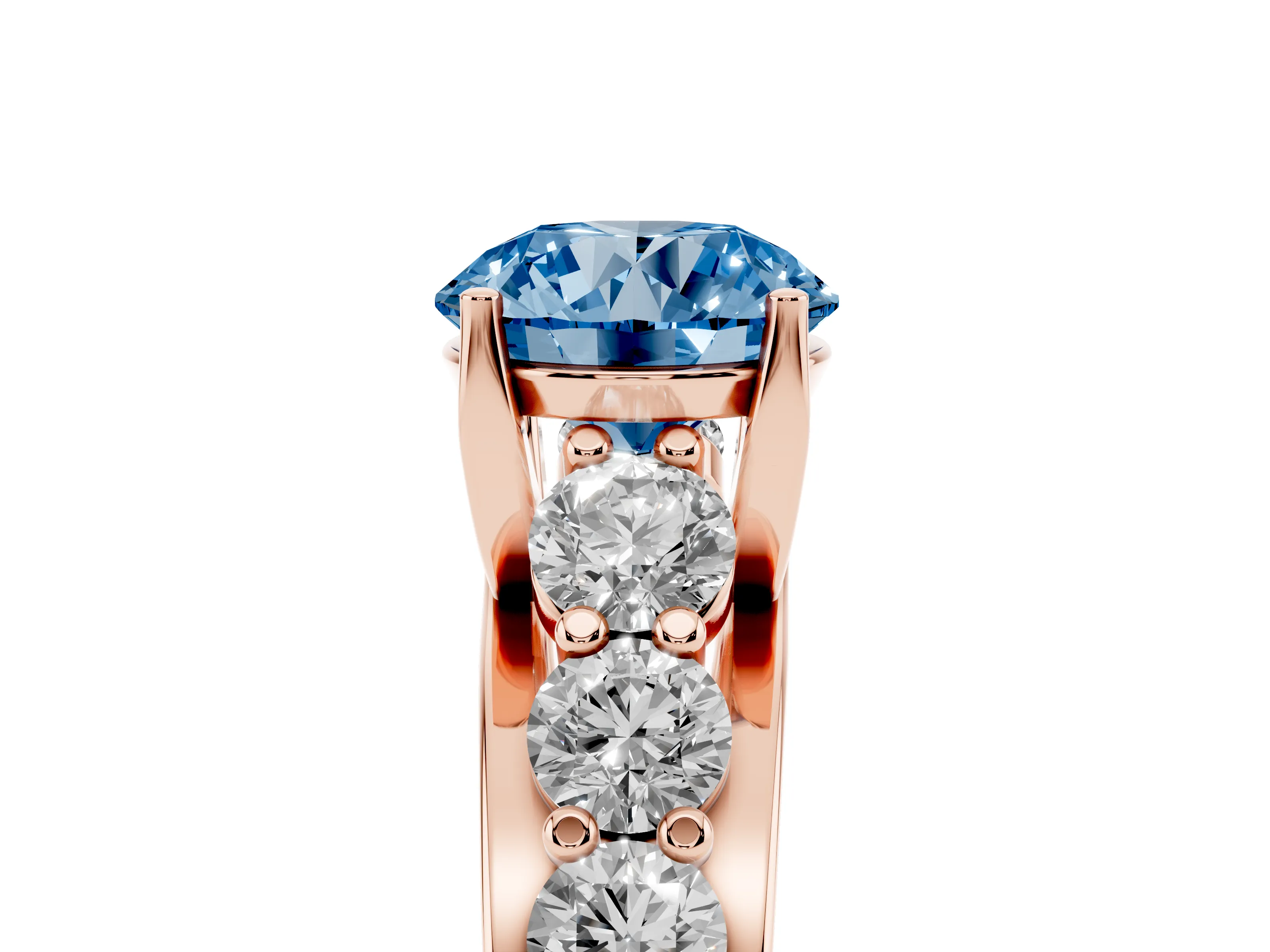 Fancy Blue Round Cut Diamond Pavé Engagement Ring Set in Rose gold with Prong Setting