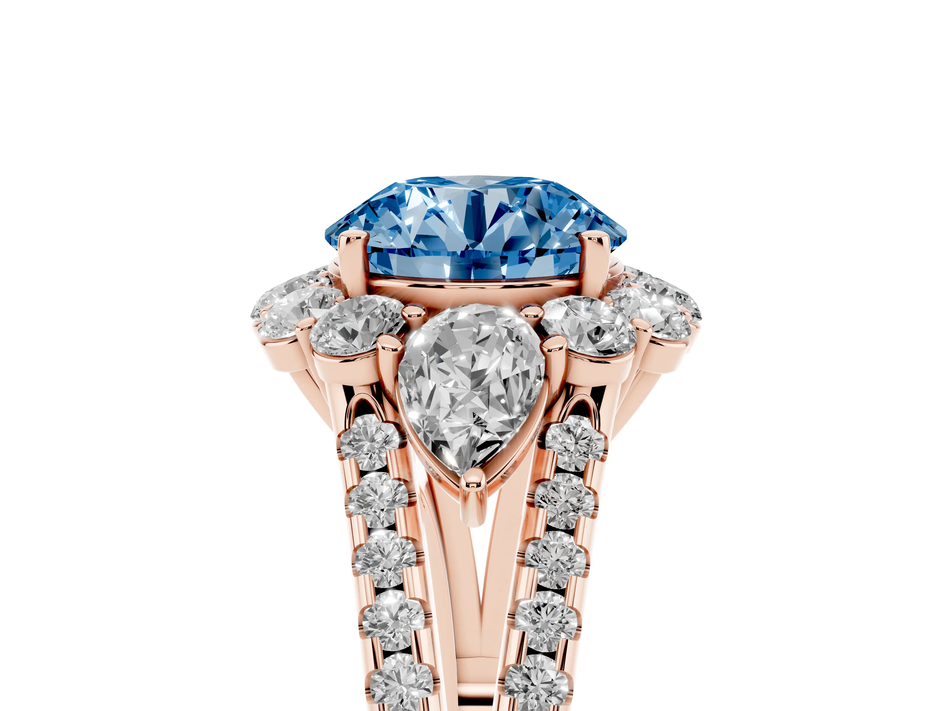 Fancy Blue Round Cut Diamond Halo Split Shank Engagement Ring Set in Rose gold with Prong-Held Center Stone
