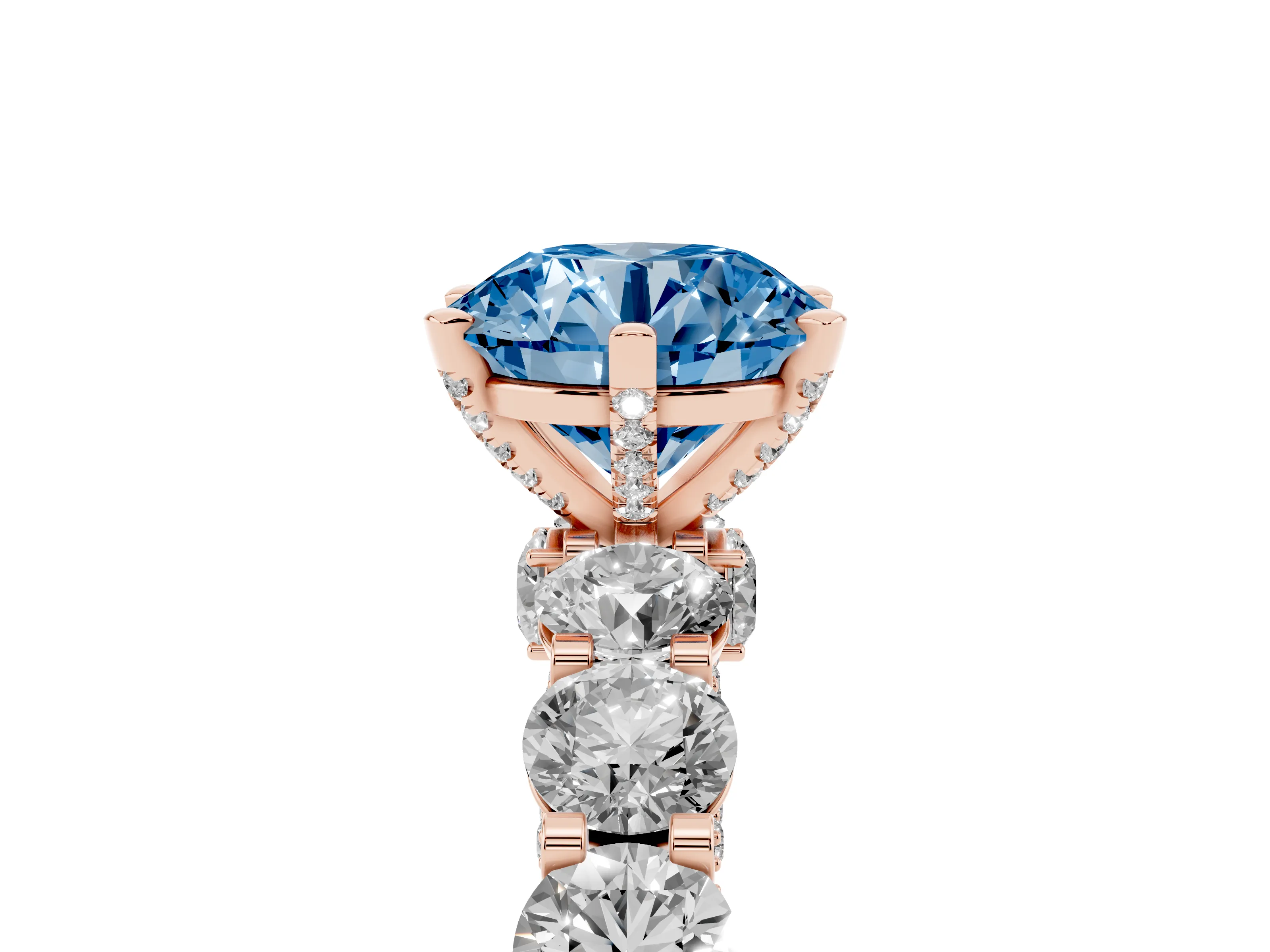 Fancy Blue Round Cut Diamond Side Stone Ring Set in Rose gold with Alternating Round and Oval Side Stones