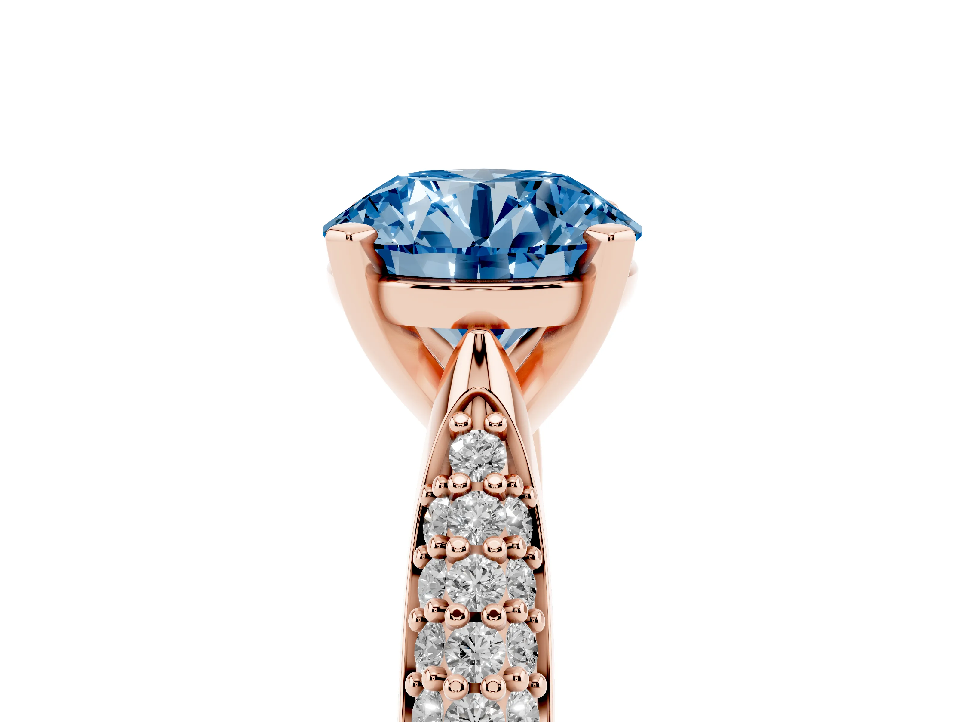Fancy Blue Round Cut Diamond Solitaire Engagement Ring Set in Rose gold with Multi-Row Round Pavé Band and Prong Setting