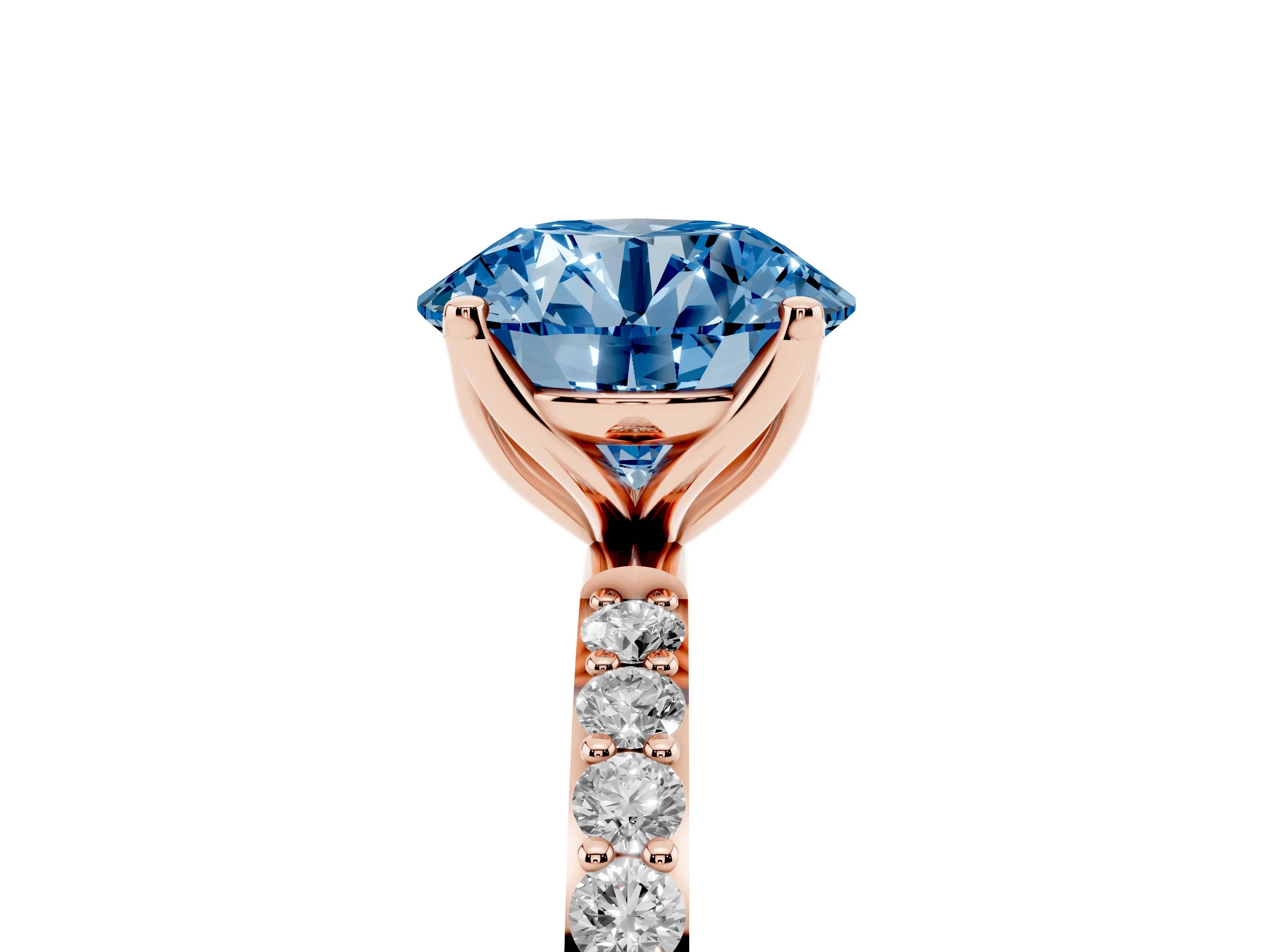 Fancy Blue Round Cut Diamond Solitaire Engagement Ring Set in Rose gold with Round Pavé Band and Prong Setting