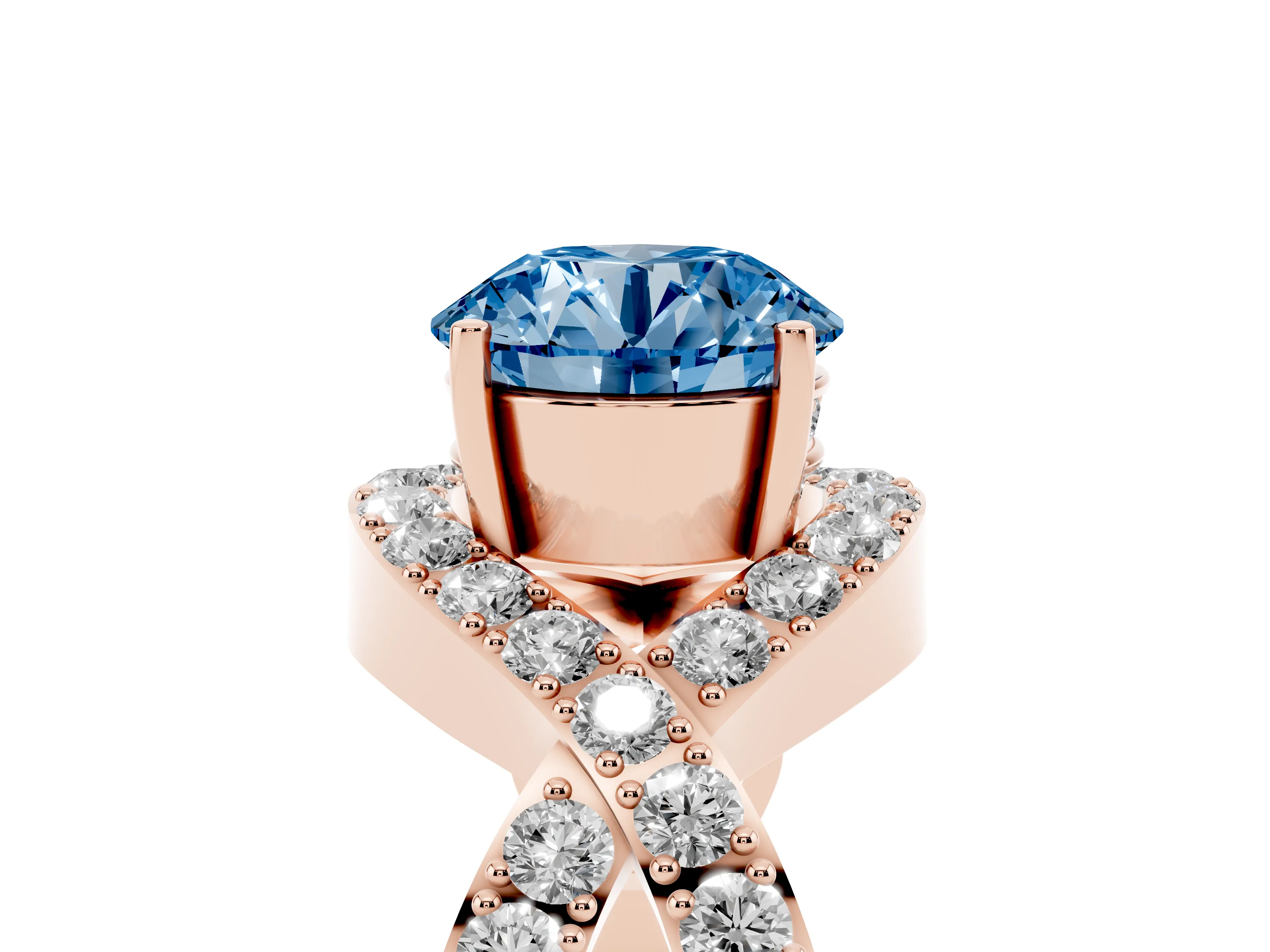 Fancy Blue Round Cut Diamond Solitaire Twist Band Pavé Engagement Ring Set in Rose gold