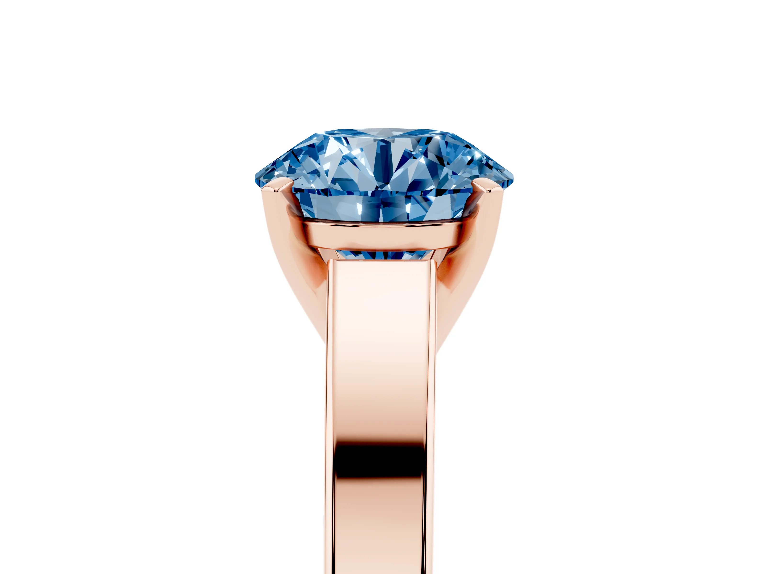 Fancy Blue Round Cut Diamond Solitaire Engagement Ring Set in Rose gold with Prong Setting and Tapered Band