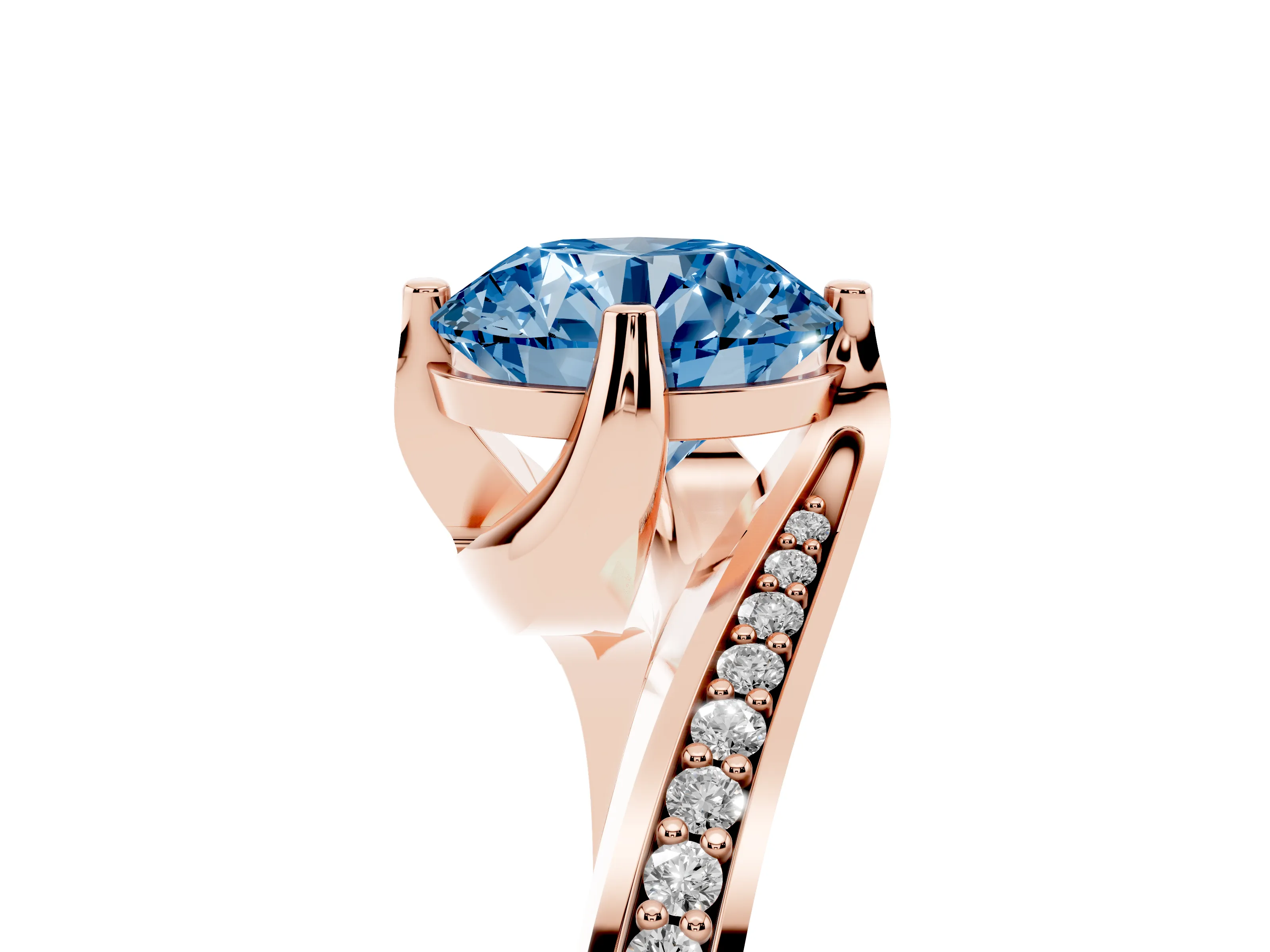 Fancy Blue Round Cut Diamond Solitaire Ring Set in Rose gold with Intertwined Pavé Twist Band