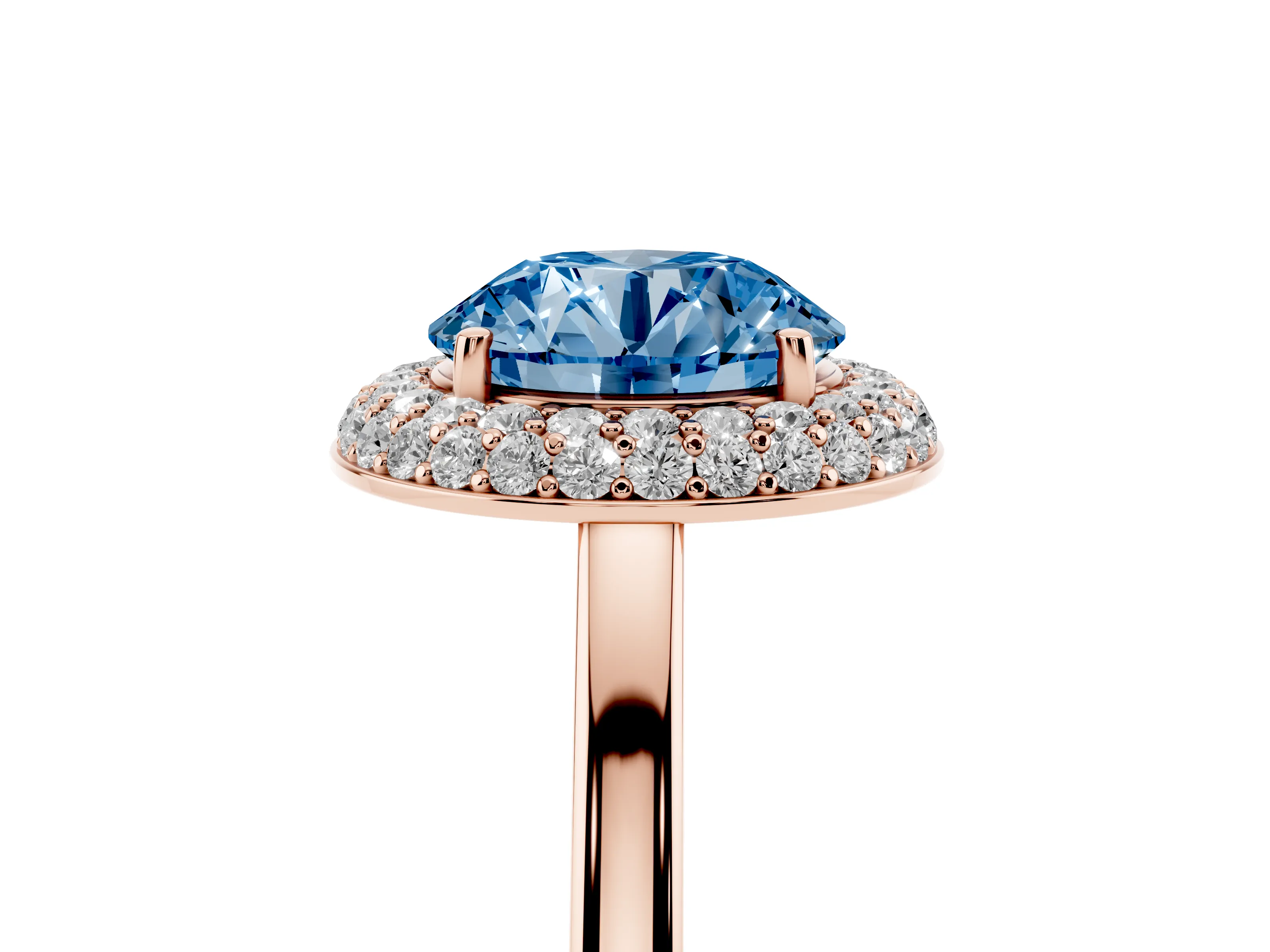 Fancy Blue Round Cut Diamond Halo Engagement Ring Set in Rose gold with Solitaire Band and Prong Setting