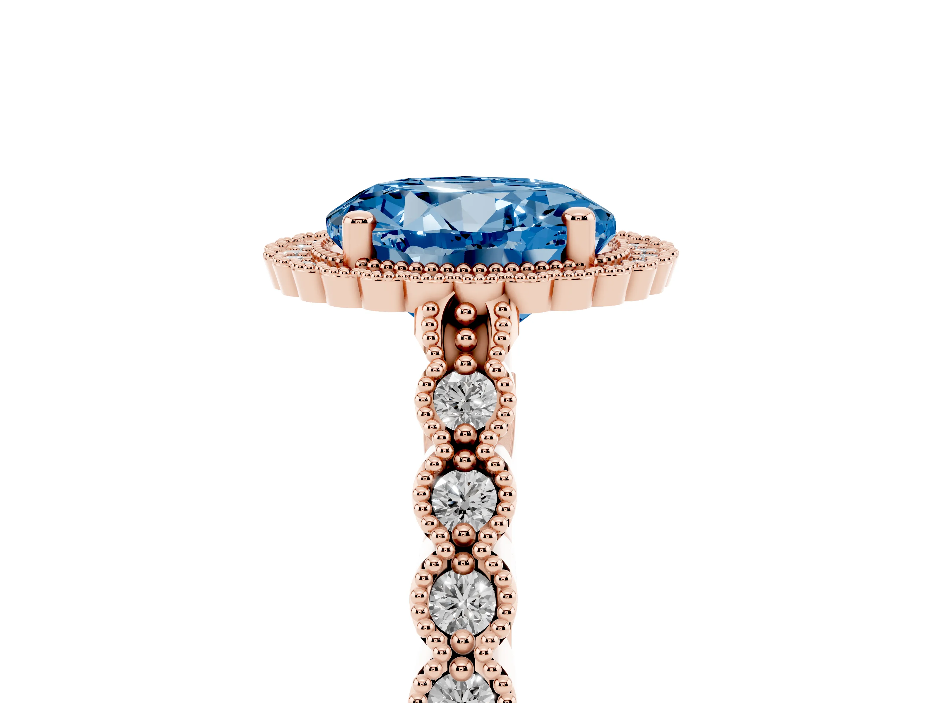 Fancy Blue Round Cut Diamond Halo Ring Set in Rose gold with Pavé Milgrain Band