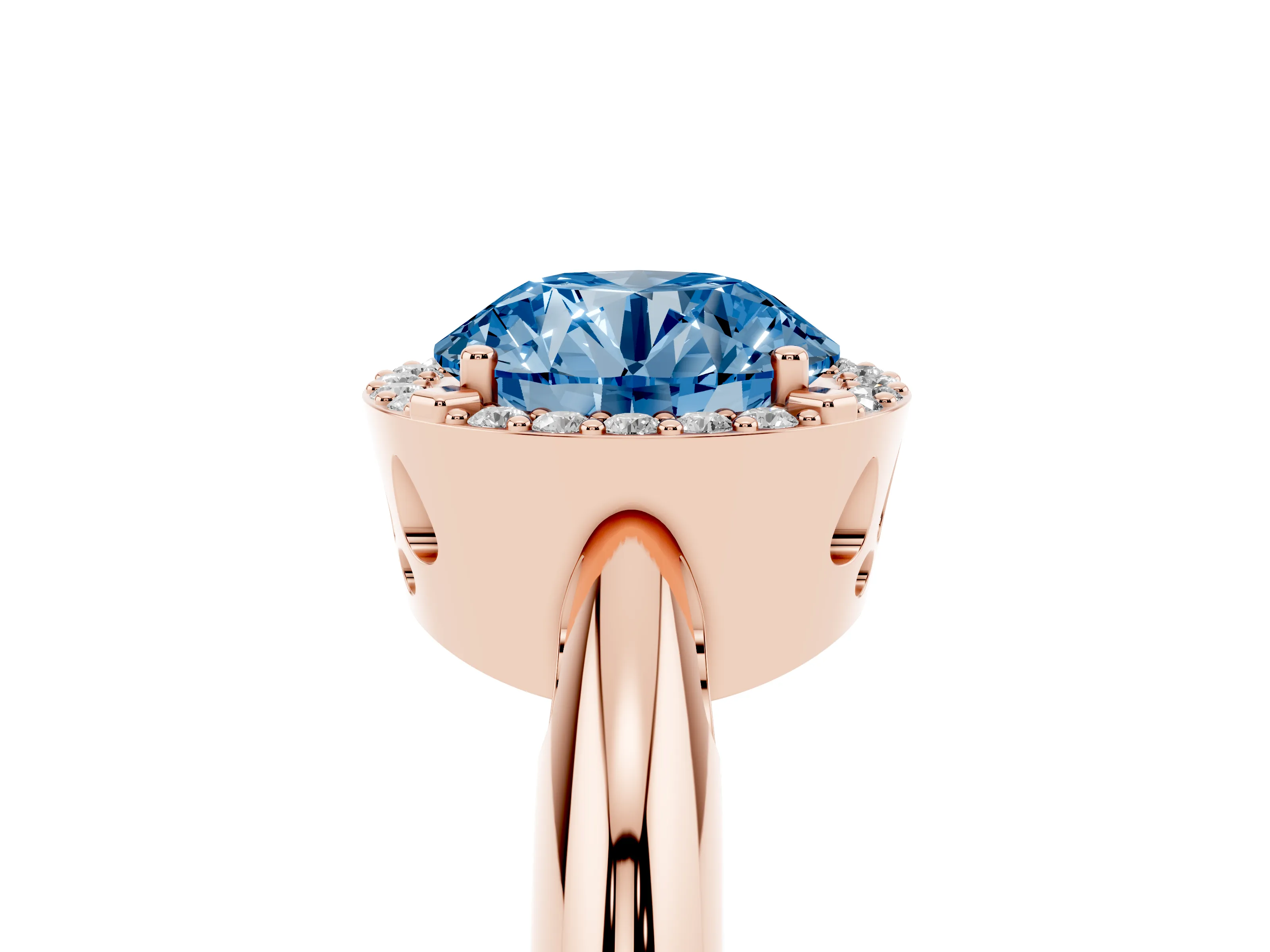 Fancy Blue Round Cut Diamond Halo Engagement Ring Set in Rose gold with Plain Split Shank and Prong Setting