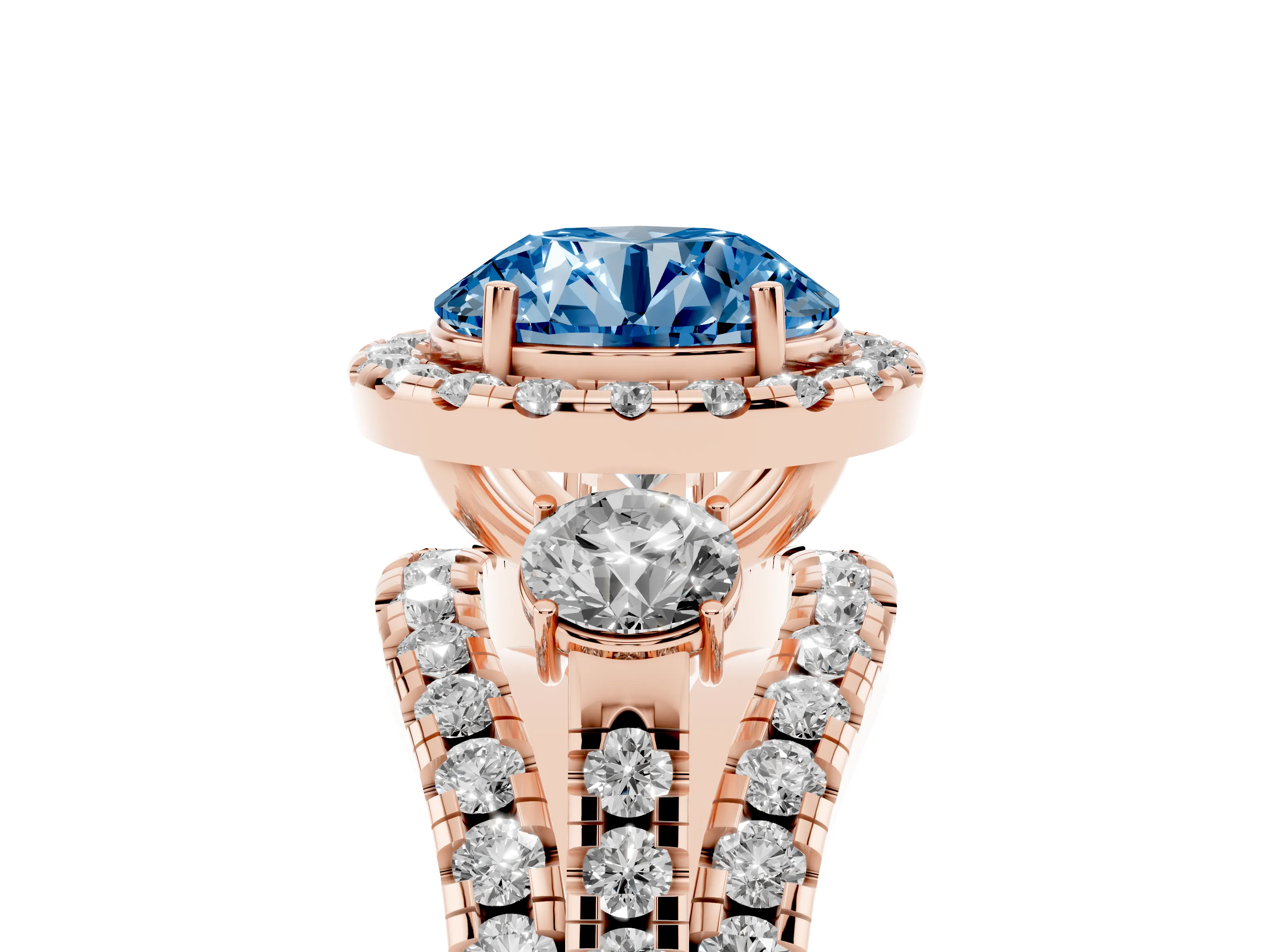 Fancy Blue Round Cut Diamond Halo Split Shank Ring Set in Rose gold with Round Accent Stones and Prong Setting