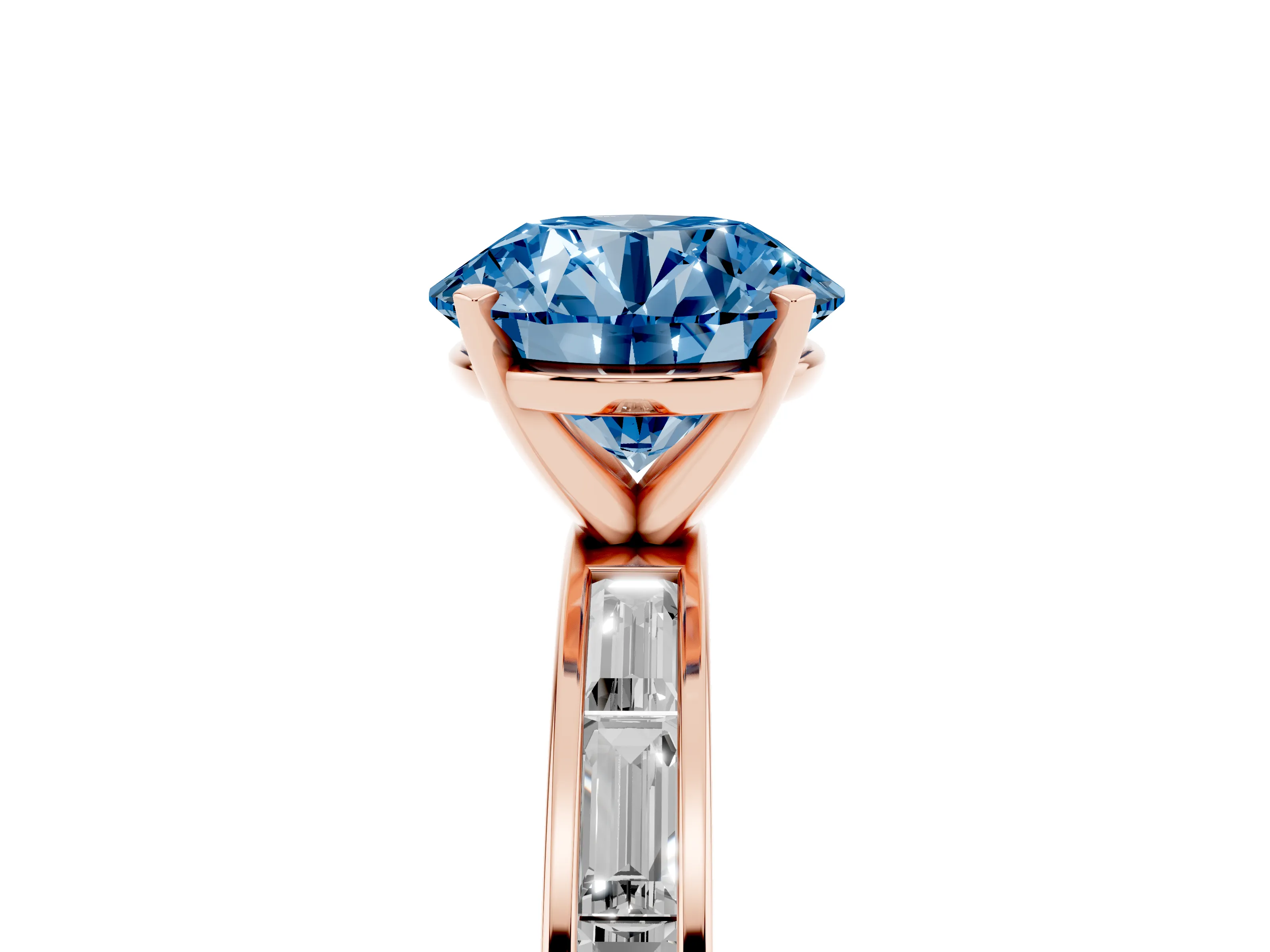 Fancy Blue Round Cut Diamond Solitaire Ring Set in Rose gold with Channel-Set Baguette Band and Prong Setting