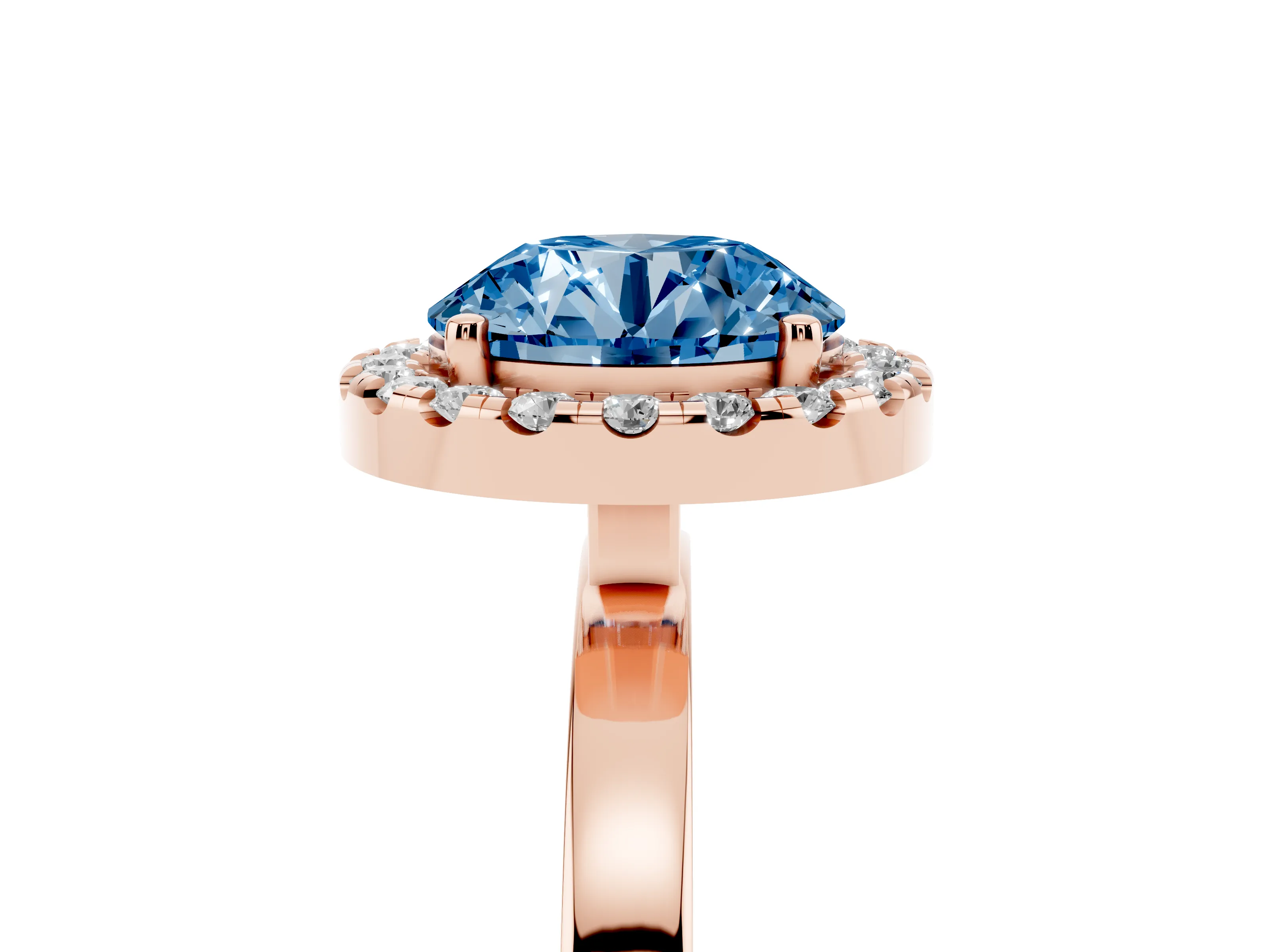 Fancy Blue Round Cut Diamond Halo Solitaire Ring Set in Rose gold with Pavé Band and Prong Setting