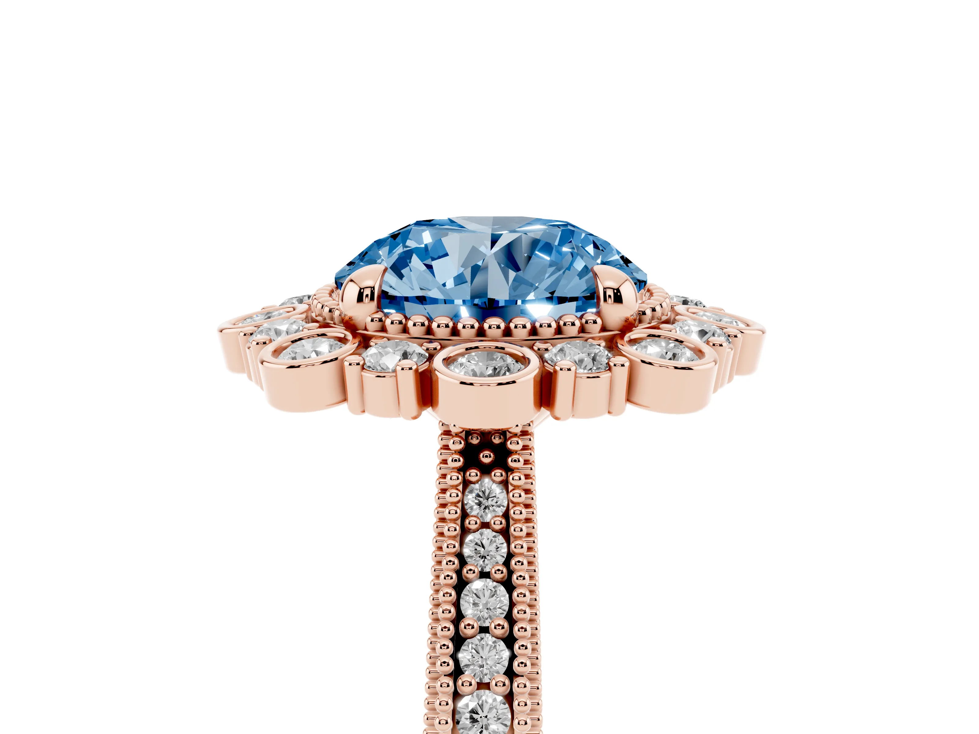 Fancy Blue Round Cut Diamond Halo Milgrain Pavé Ring Set in Rose gold with Prong Setting
