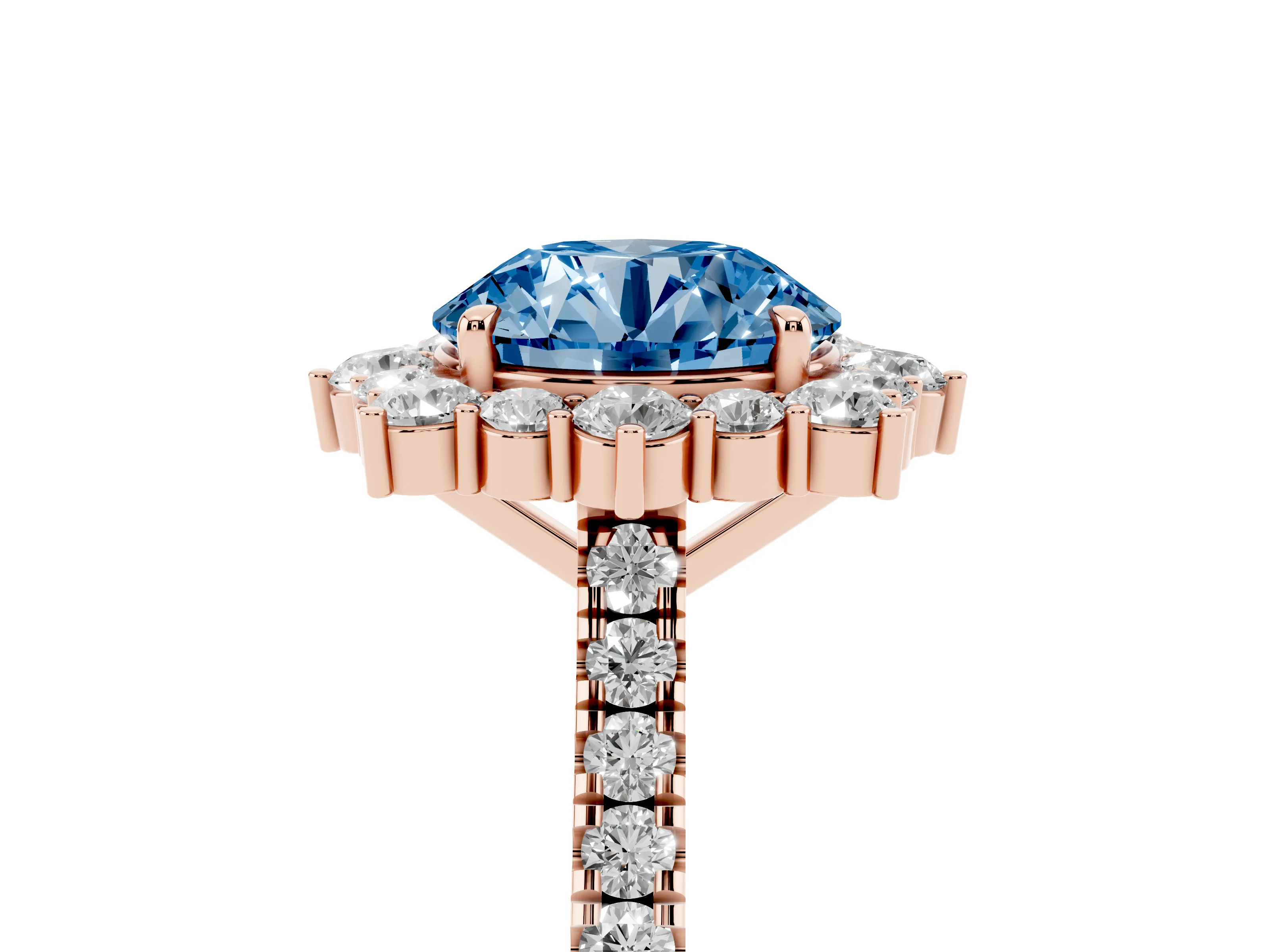 Fancy Blue Round Cut Diamond Halo Ring Set in Rose gold with Pavé Band and Prong Setting