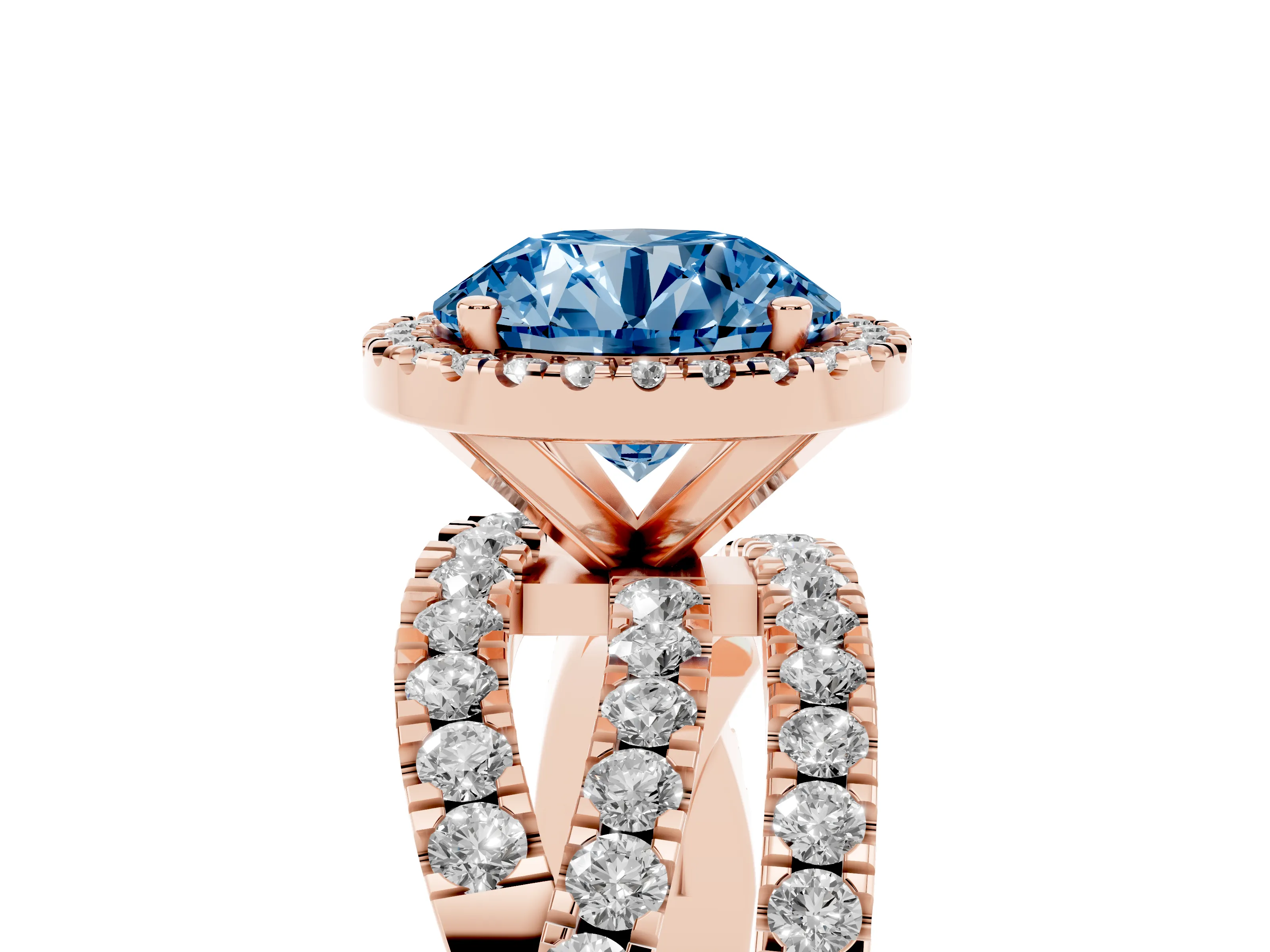 Fancy Blue Round Cut Diamond Halo Ring Set in Rose gold with Round Crossover Split Shank and Prong Setting