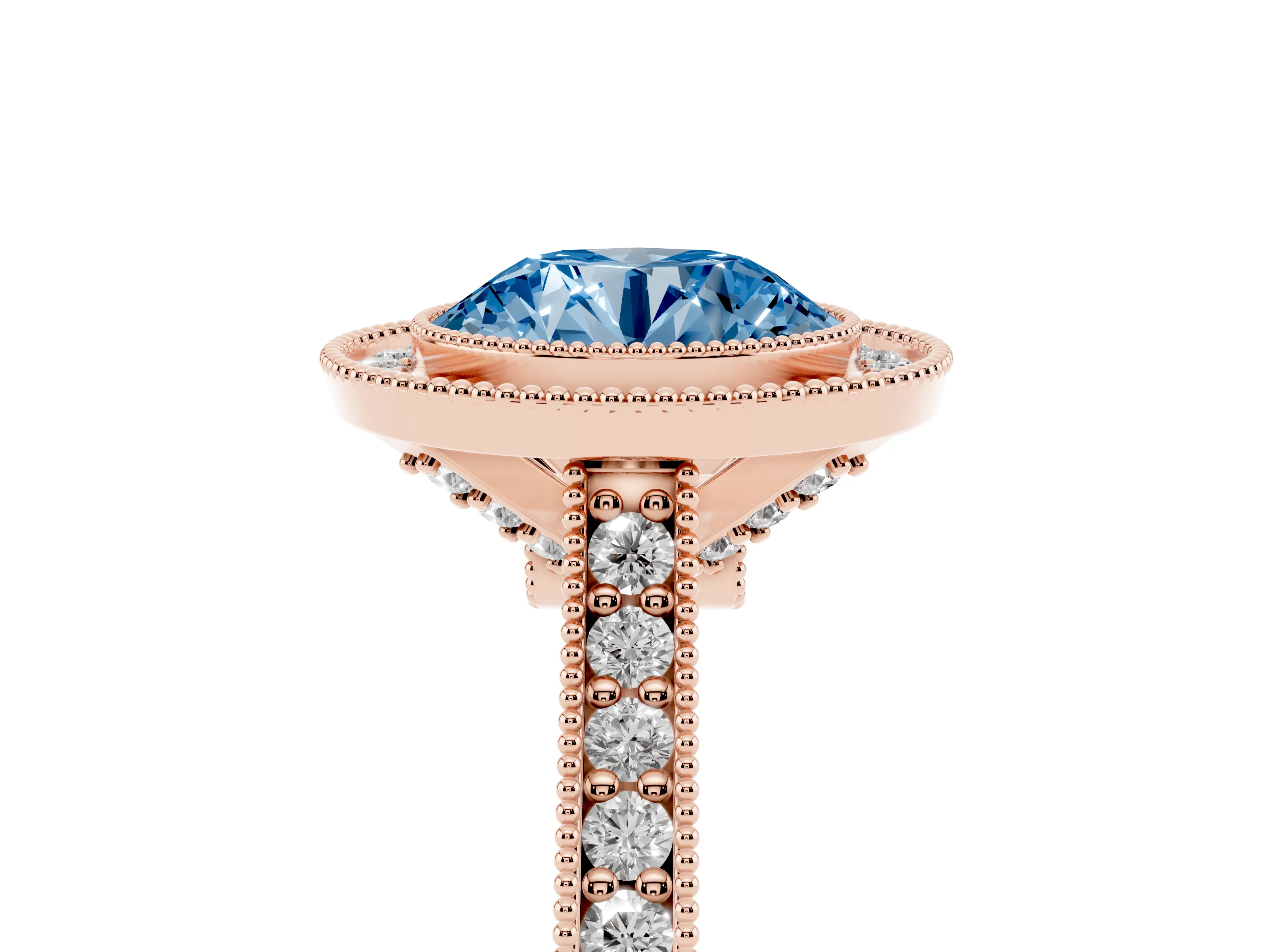 Fancy Blue Round Cut Diamond Halo Milgrain Pavé Band Ring Set in Rose gold with Prong Setting