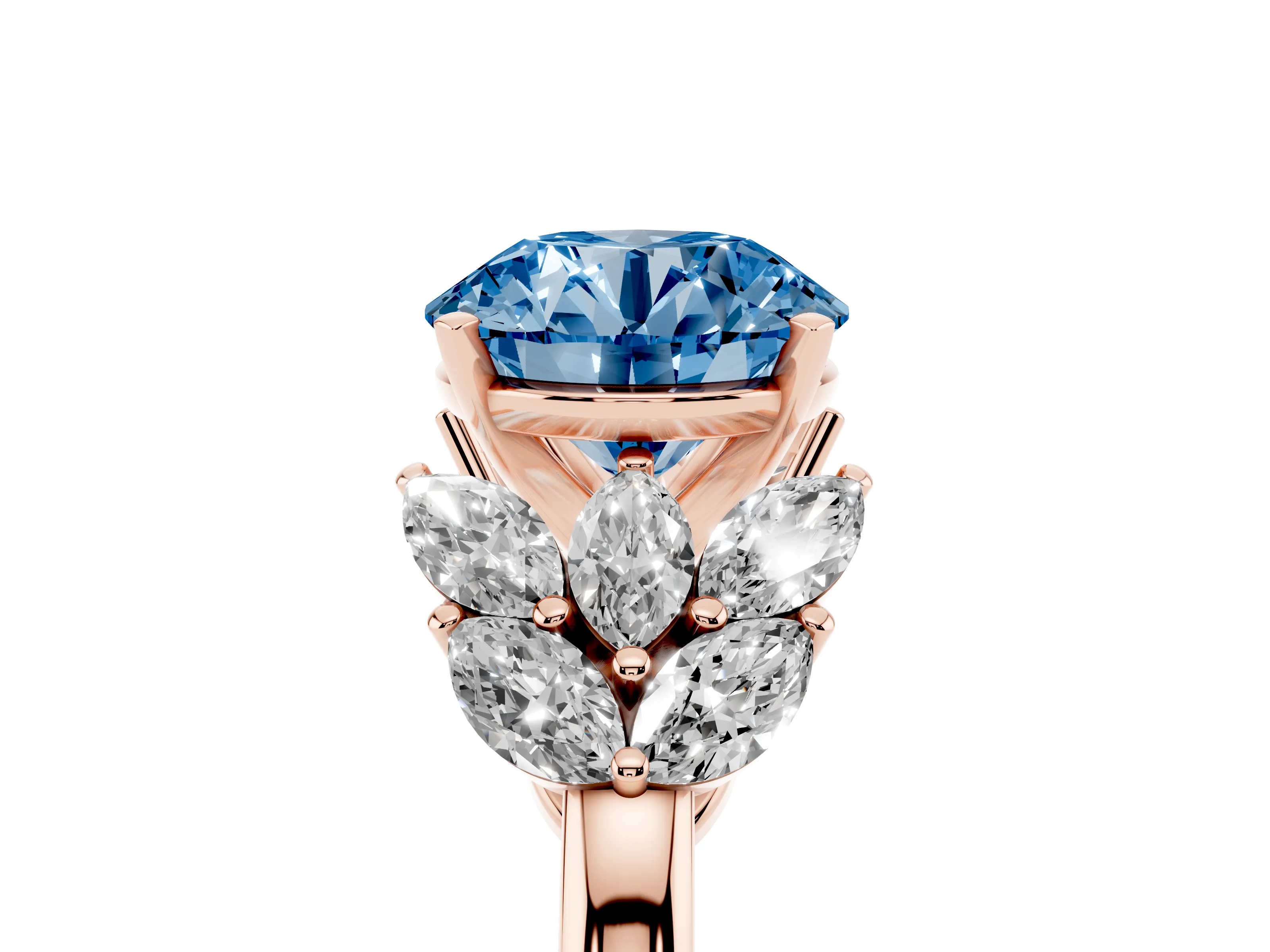 Fancy Blue Round Cut Diamond Cluster Leaf Design Ring Set in Rose gold with Prong Setting