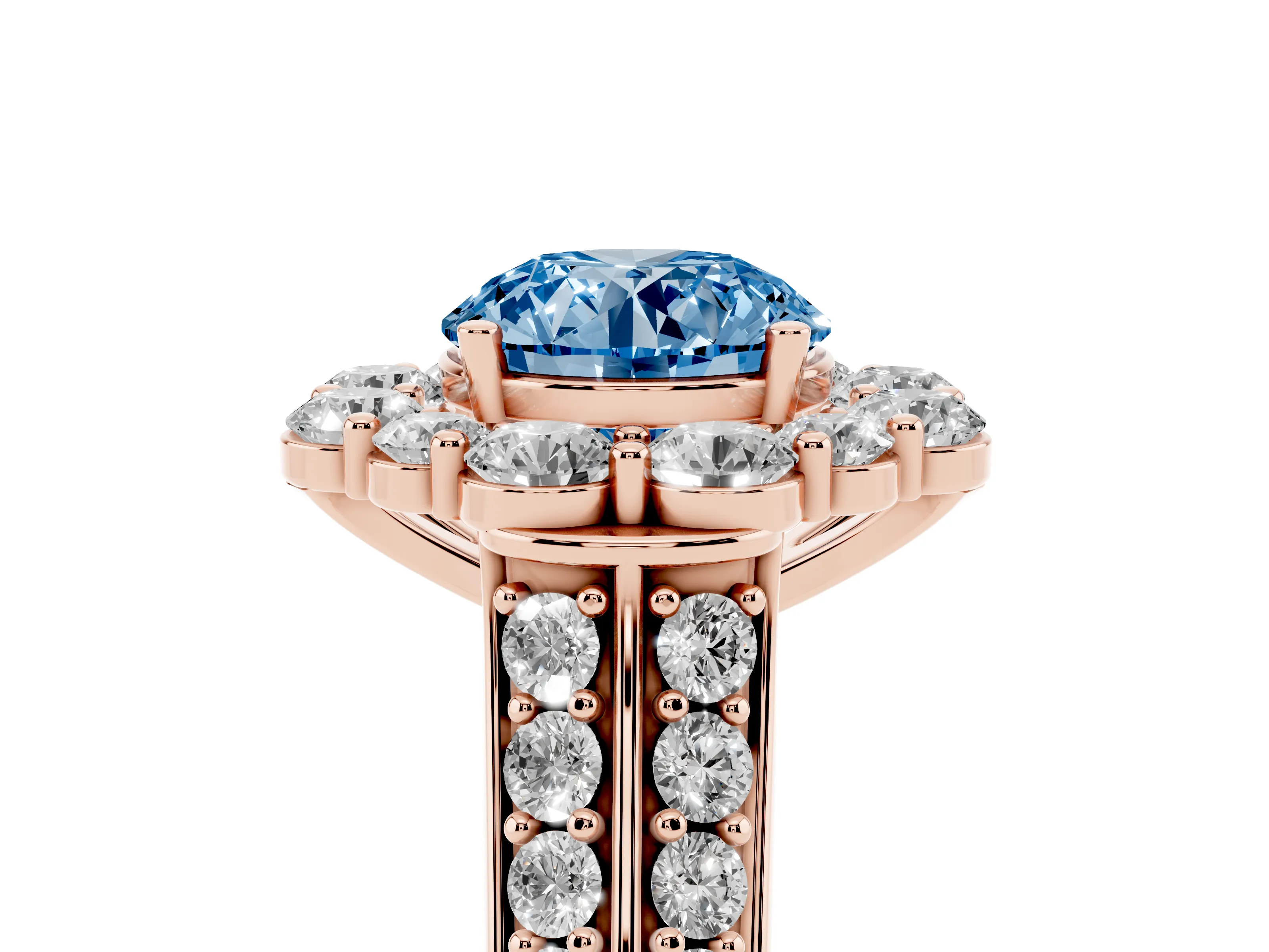 Fancy Blue Round Cut Diamond Halo Engagement Ring Set in Rose gold with Split Shank and Prong Setting